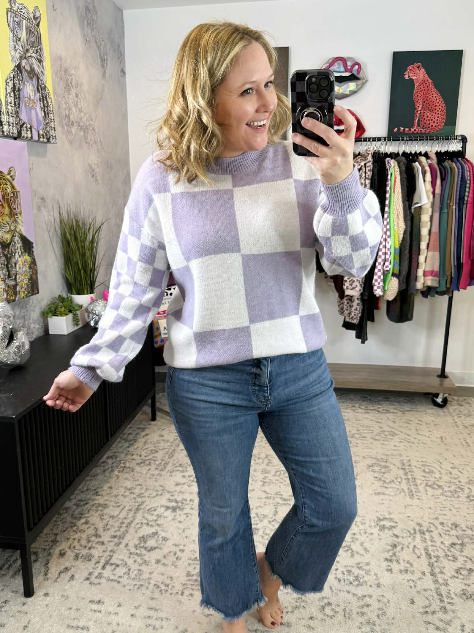 MM Checkered Pullover Sweater - Lavender {S-3X} - KaraMarie