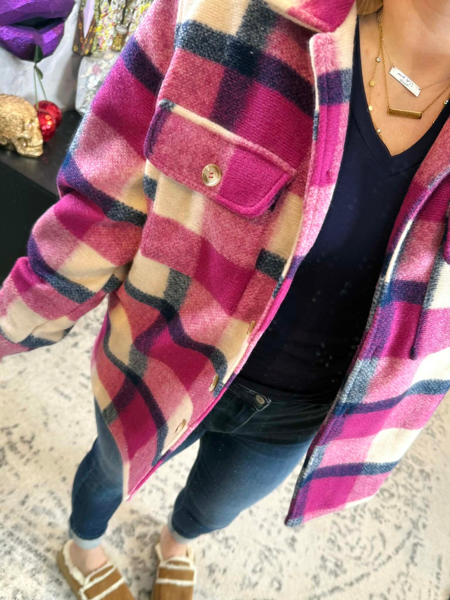 Magenta Trail Plaid Shacket {S-XL} - KaraMarie