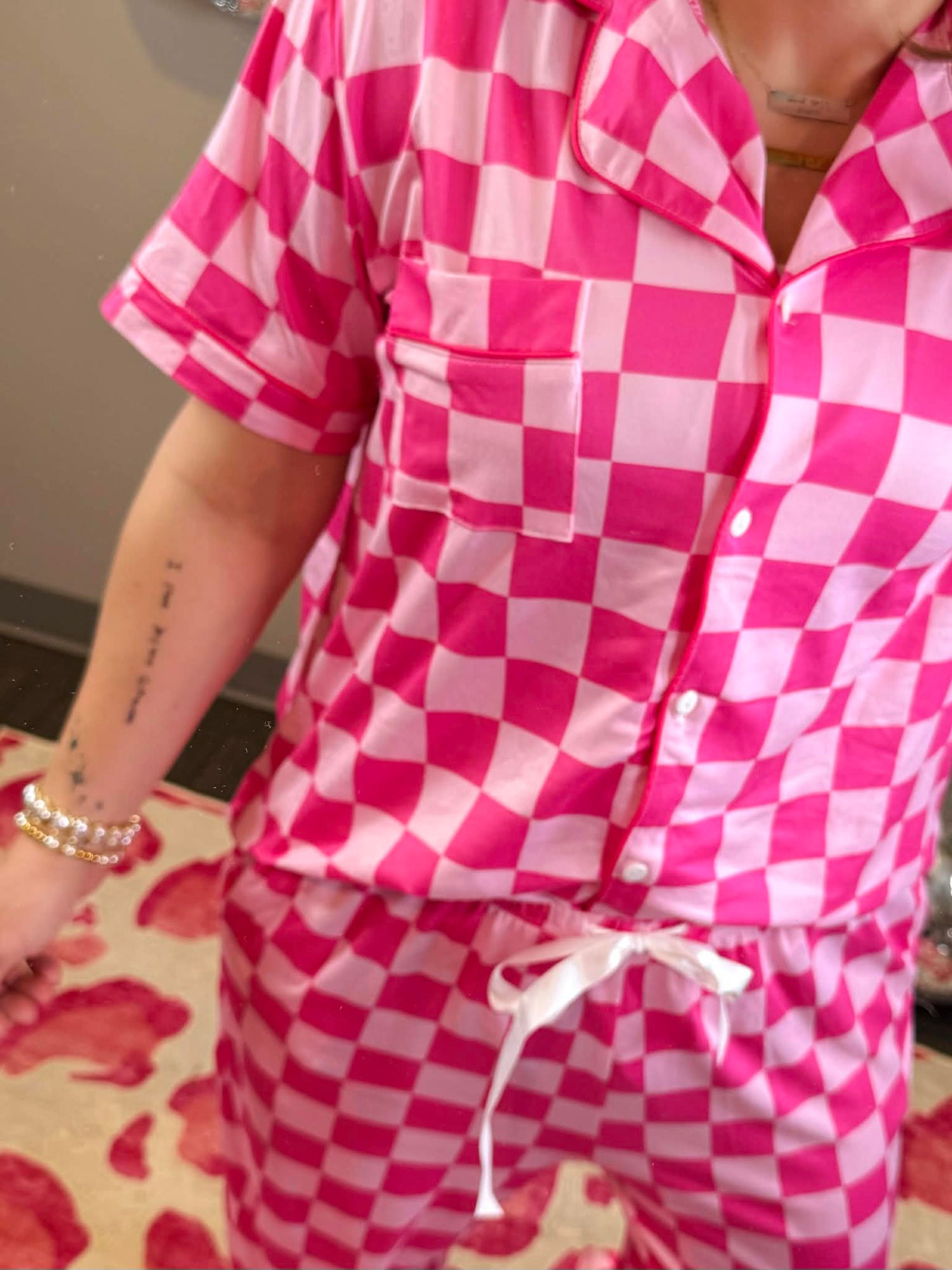 Pajama Set - Button Down - Pink Checker {S-3X} - KaraMarie