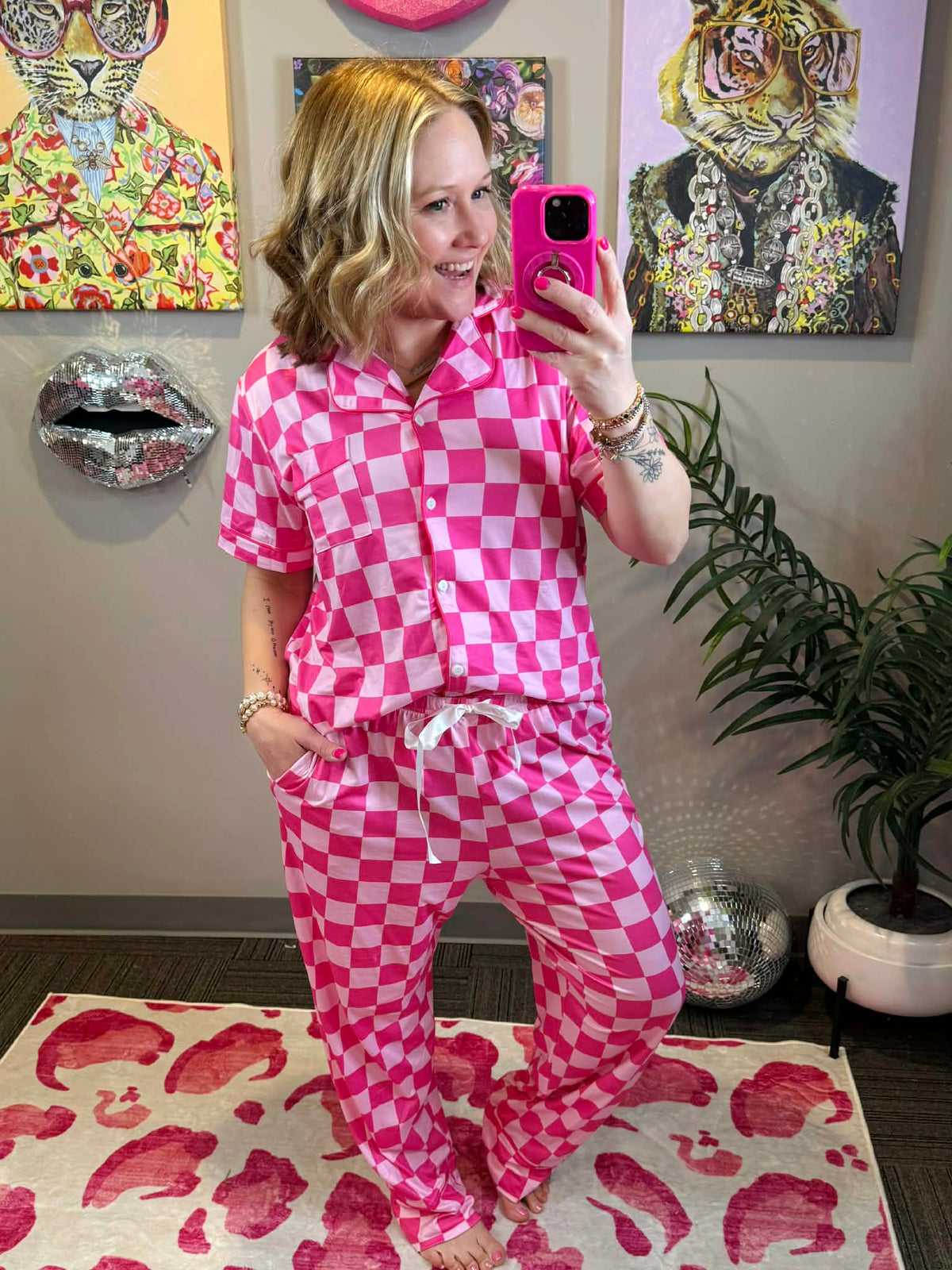 Pajama Set - Button Down - Pink Checker {S-3X} - KaraMarie