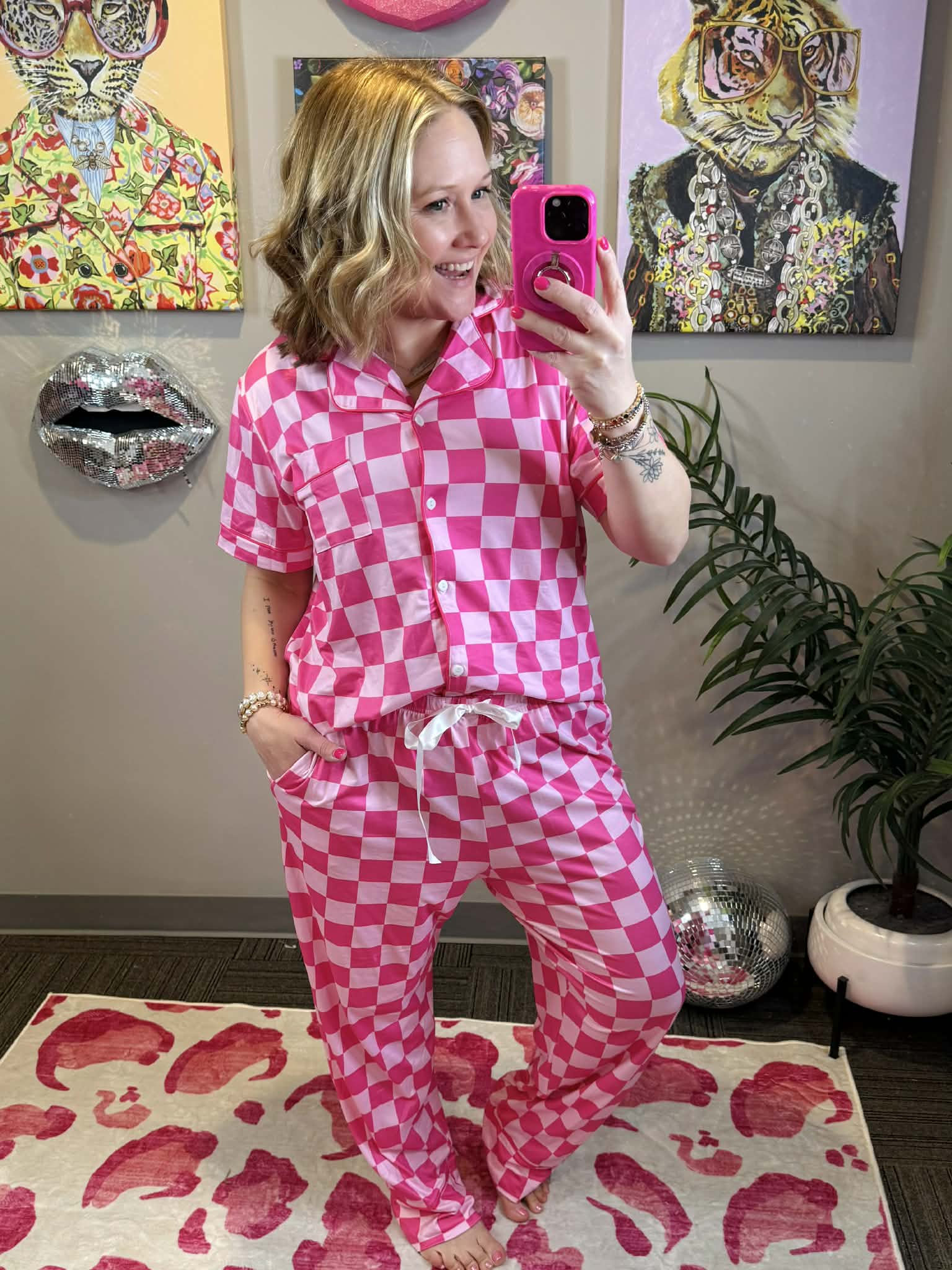 Pajama Set - Button Down - Pink Checker {S-3X} - KaraMarie