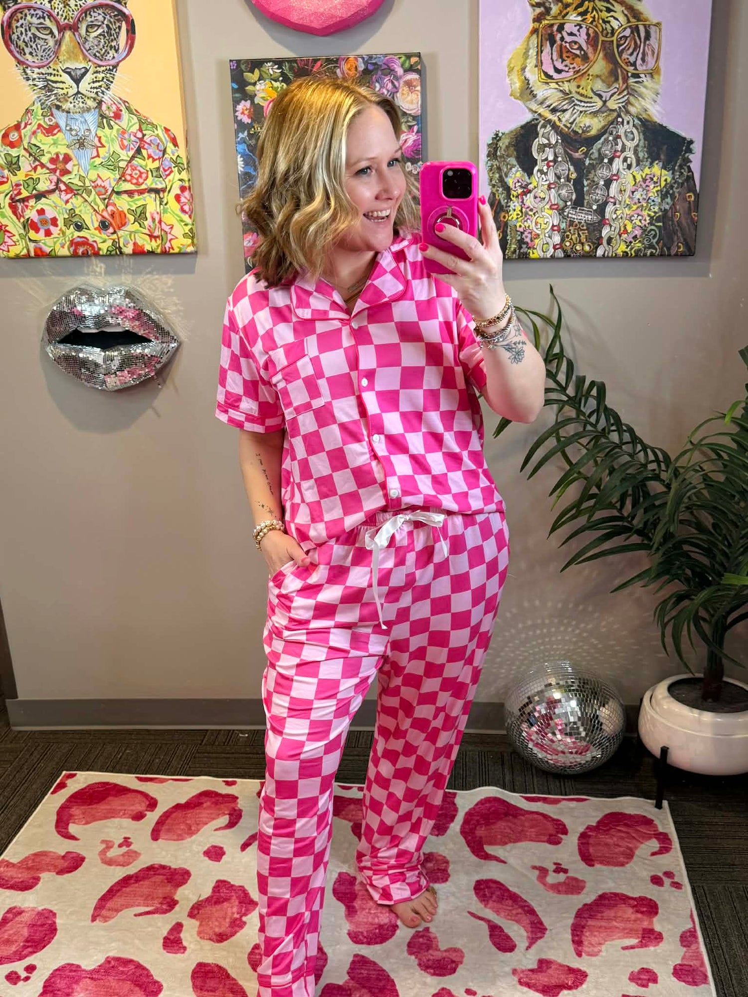 Pajama Set - Button Down - Pink Checker {S-3X} - KaraMarie