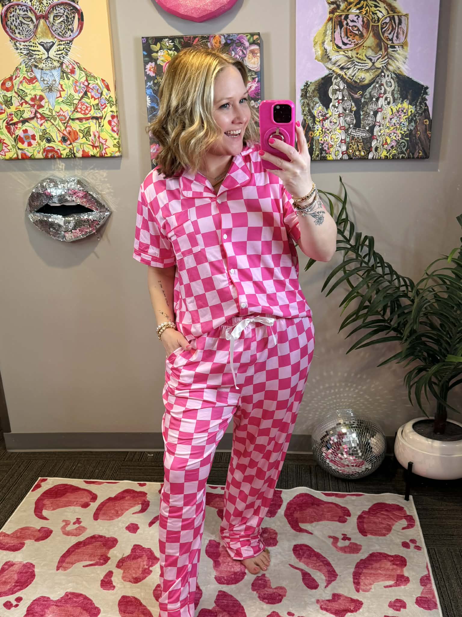 Pajama Set - Button Down - Pink Checker {S-3X} - KaraMarie