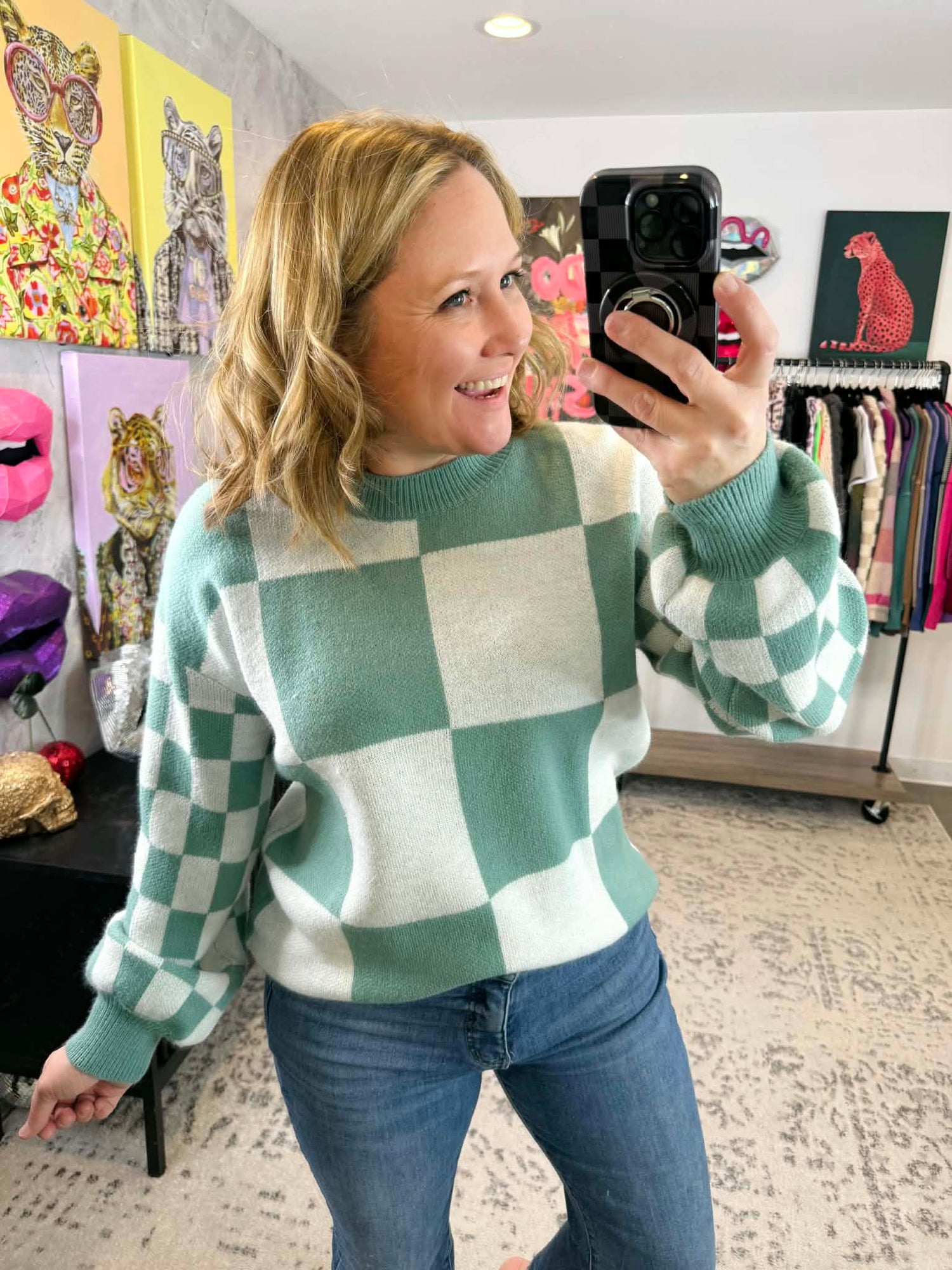 MM Checkered Pullover Sweater - Dusty Jade {S-3X} - KaraMarie