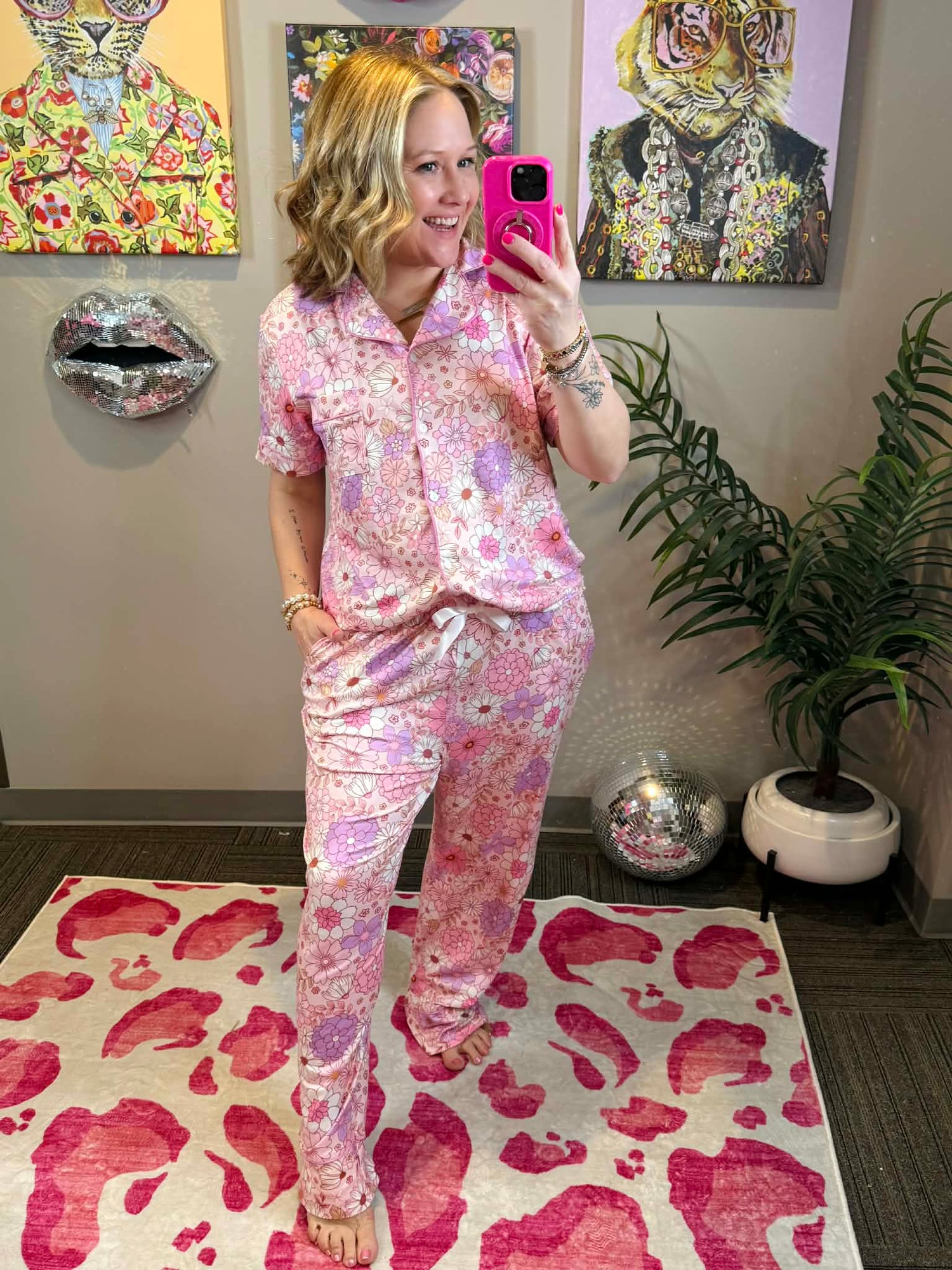 Pajama Set - Button Down - Pink Boho Floral {XS-3X} - KaraMarie