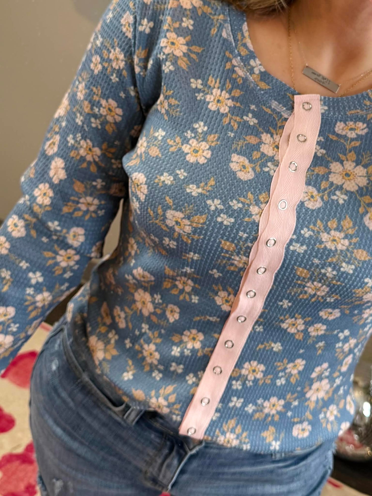 Blakeley Kori Snap Button Waffle Top - Blue Floral {XS-3X}