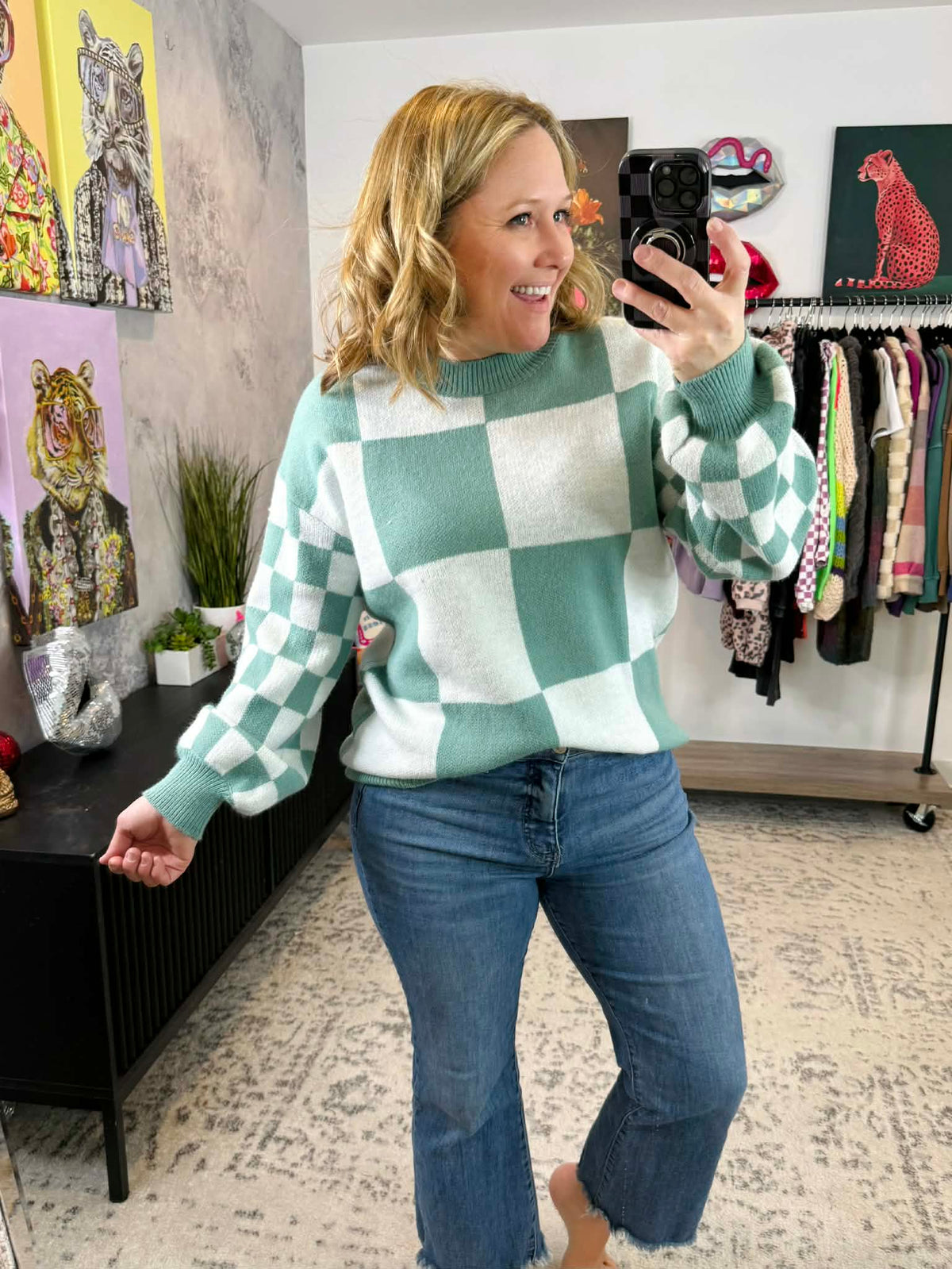 MM Checkered Pullover Sweater - Dusty Jade {S-3X} - KaraMarie