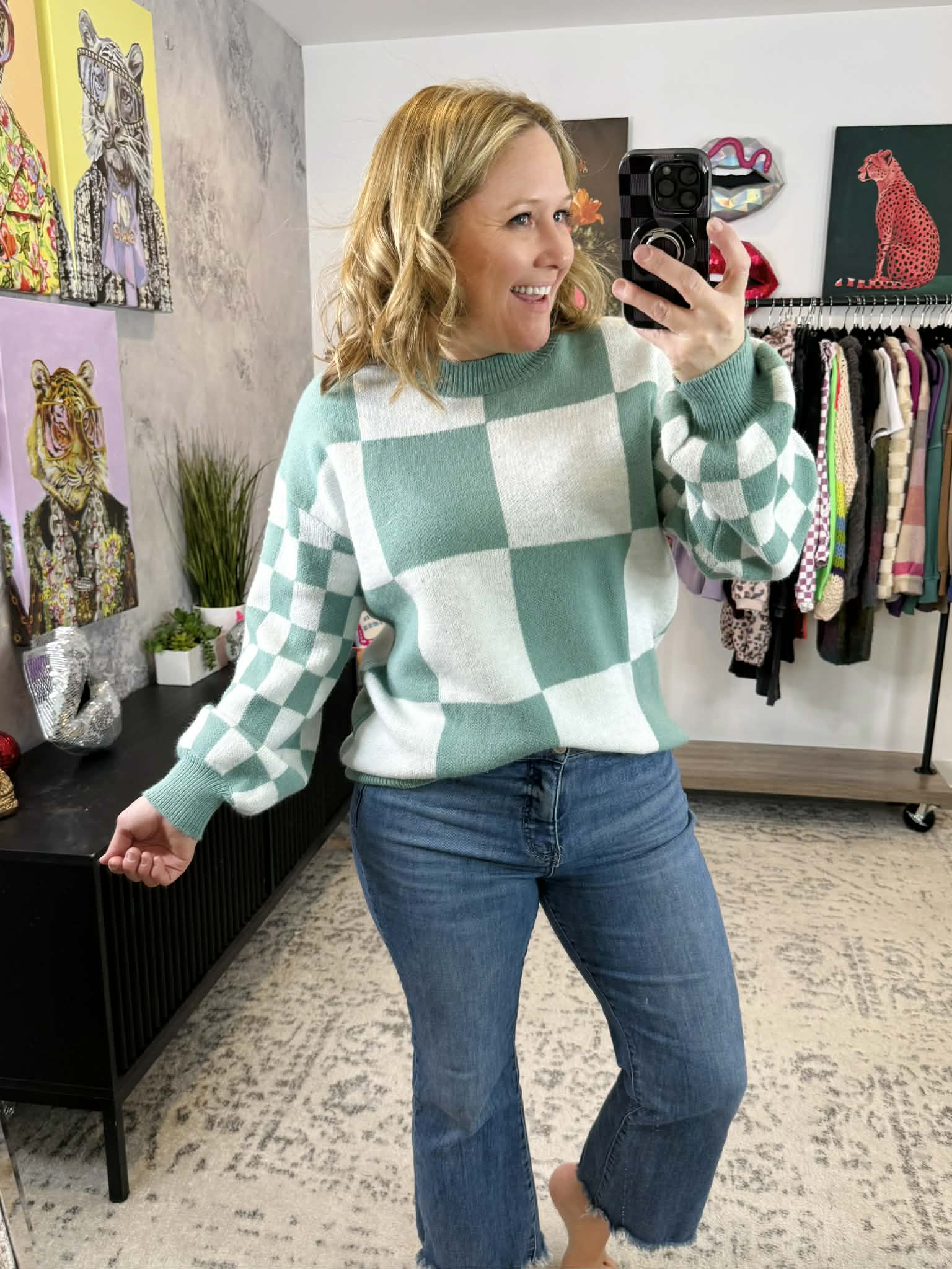 MM Checkered Pullover Sweater - Dusty Jade {S-3X} - KaraMarie