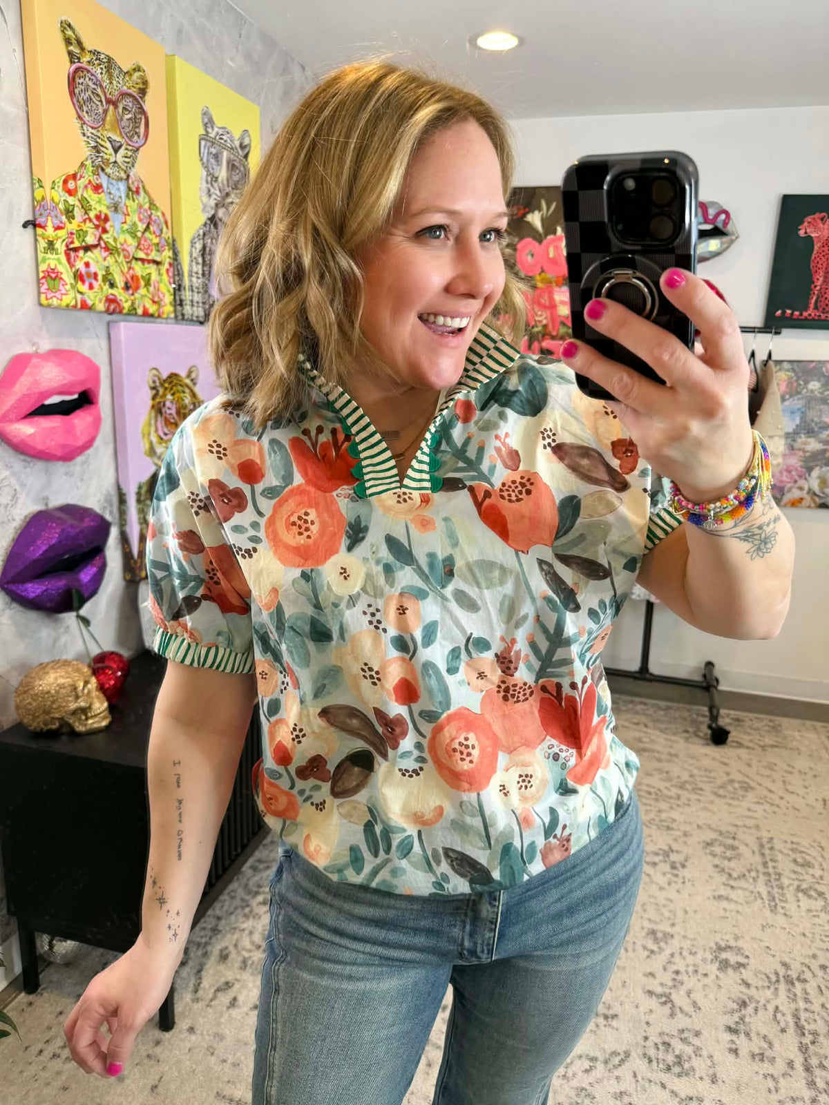 Trimmed Blossom Top - Green {S-2X} - KaraMarie
