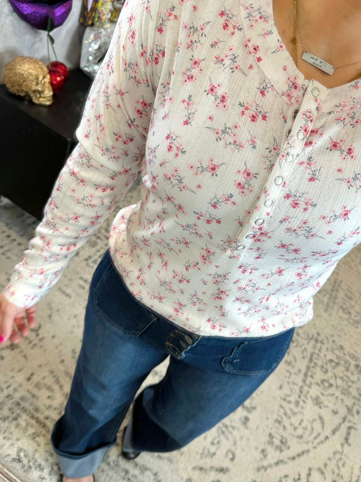 MM Button Snap Henley Top - Micro Pink Floral {S-3X} - KaraMarie