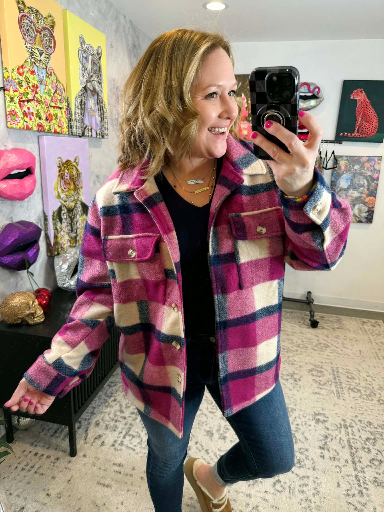 Magenta Trail Plaid Shacket {S-XL} - KaraMarie