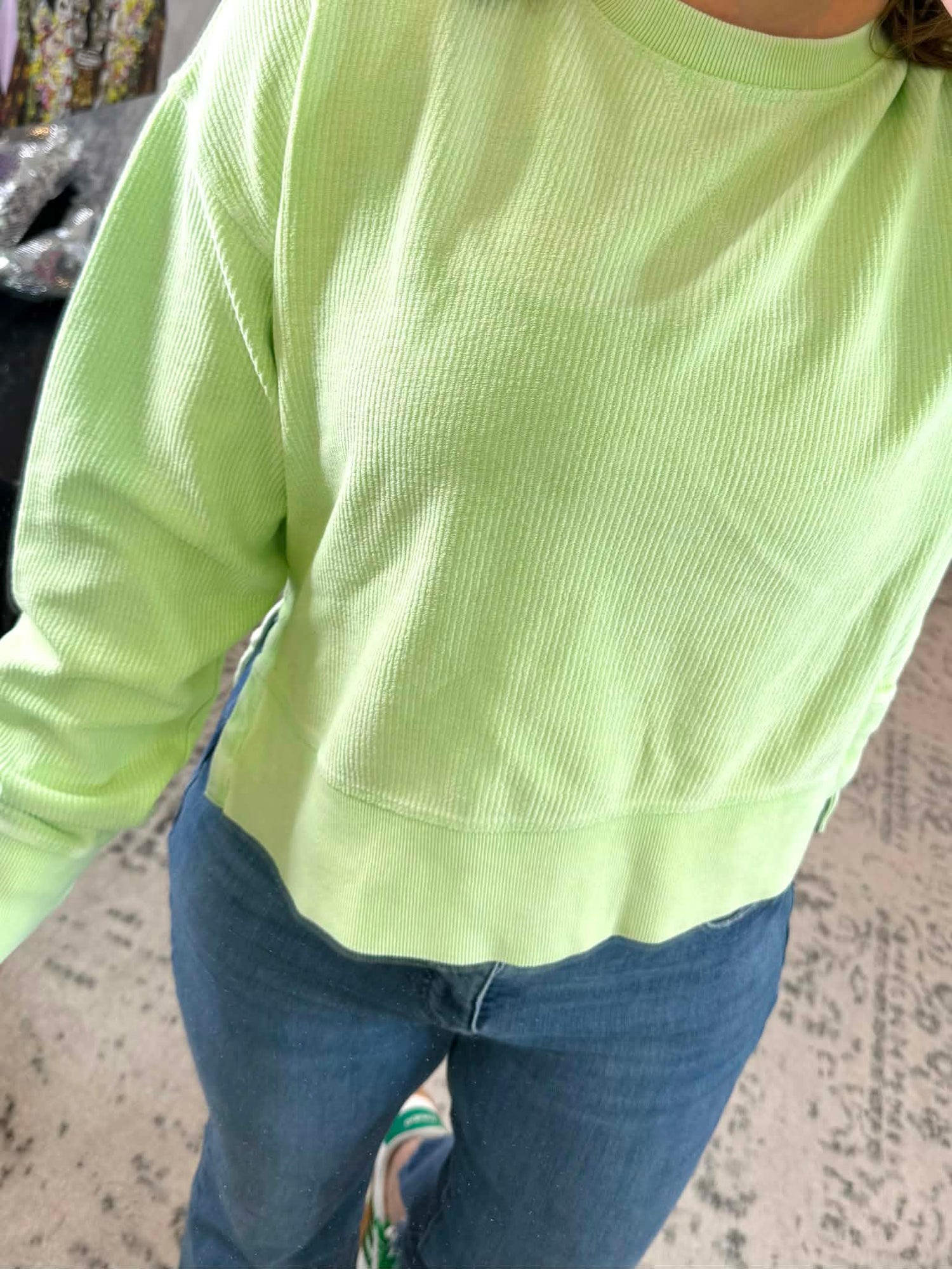 Moon Ryder Corded Cropped Side Slit Crew TOP in Summer Green {Size S-2X} - KaraMarie