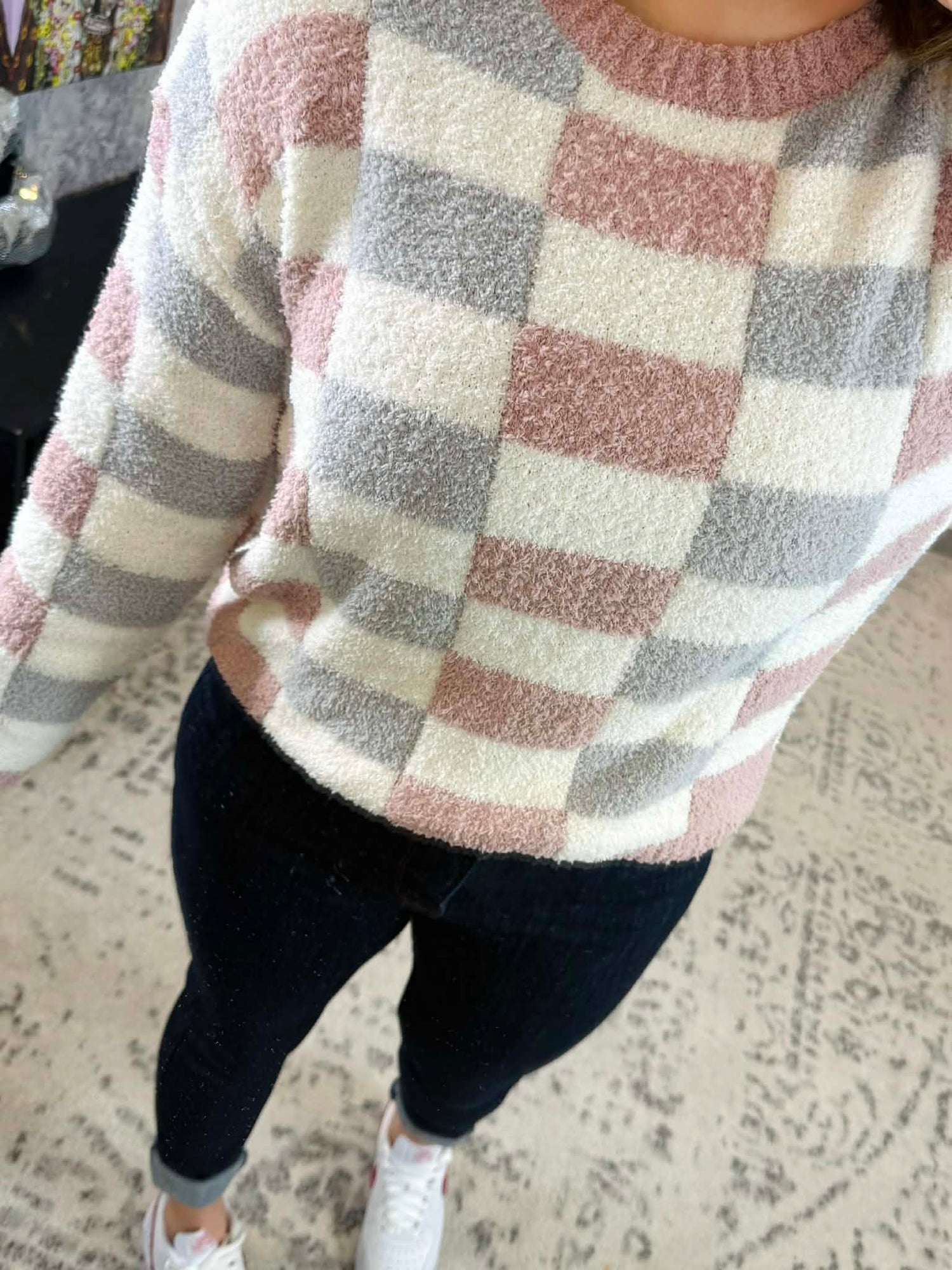 MM Checkered Sweater - Grey and Pink {S-3X} - KaraMarie