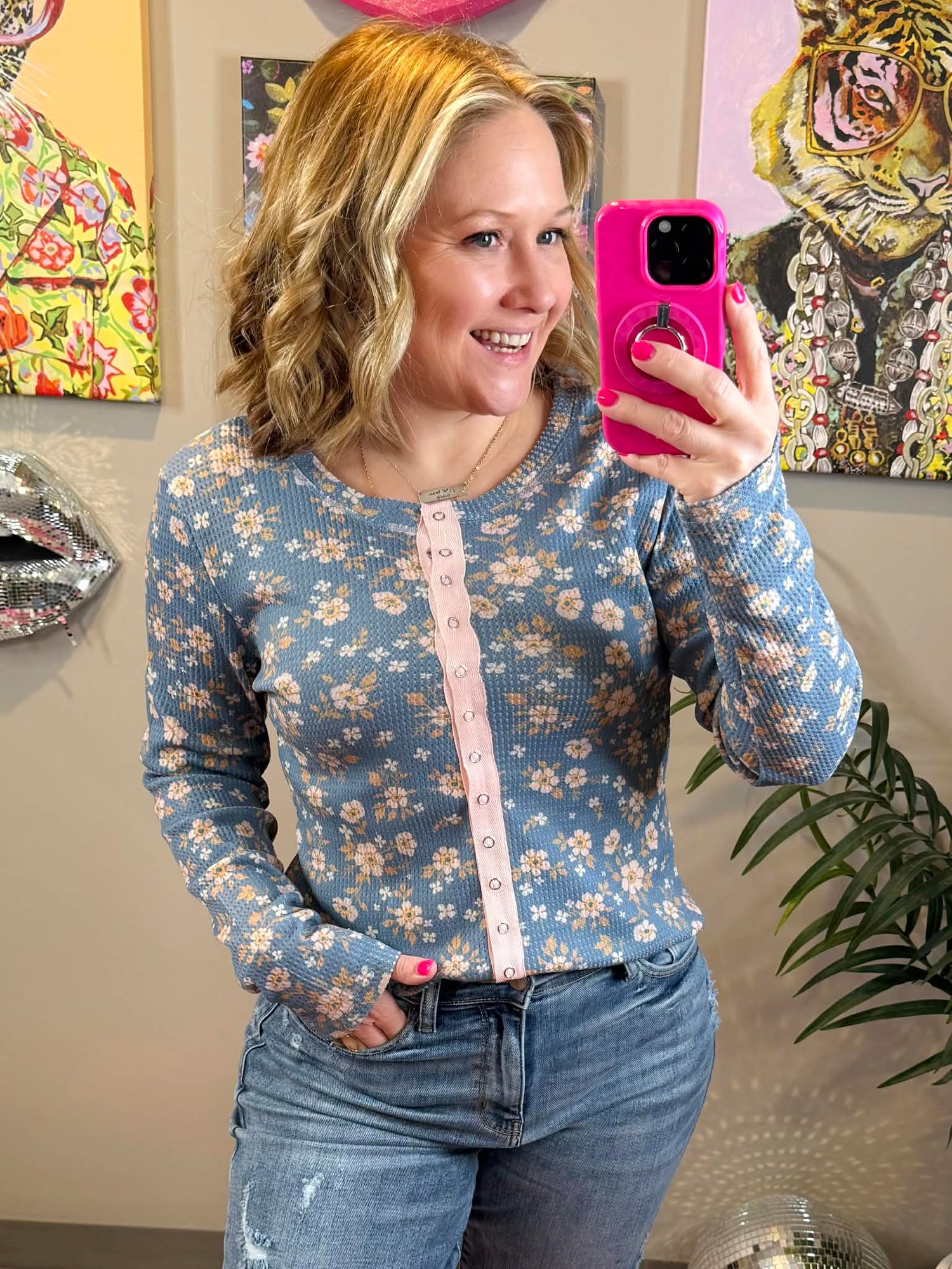 Blakeley Kori Snap Button Waffle Top - Blue Floral {XS-3X}