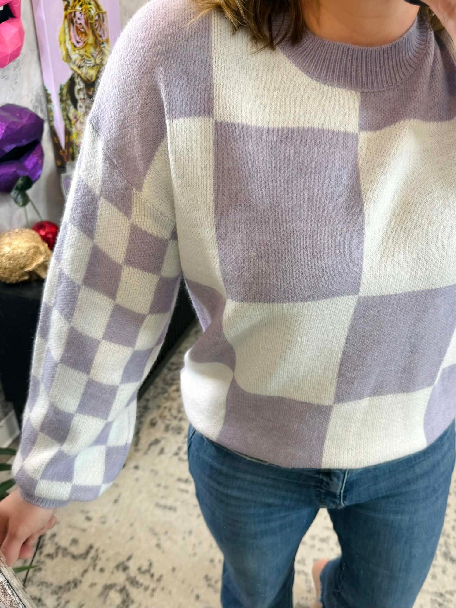 MM Checkered Pullover Sweater - Lavender {S-3X} - KaraMarie