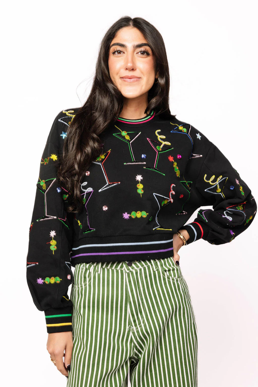 Queen of Sparkles :: Black Multi Rainbow Trim Martini Sweatshirt {XS-XL}