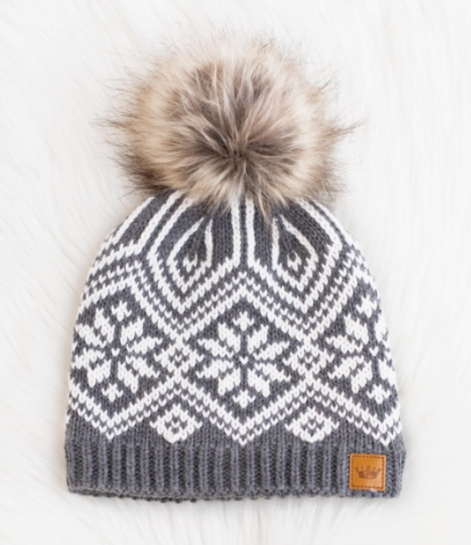 Grey & White Snowflake Pom Hat