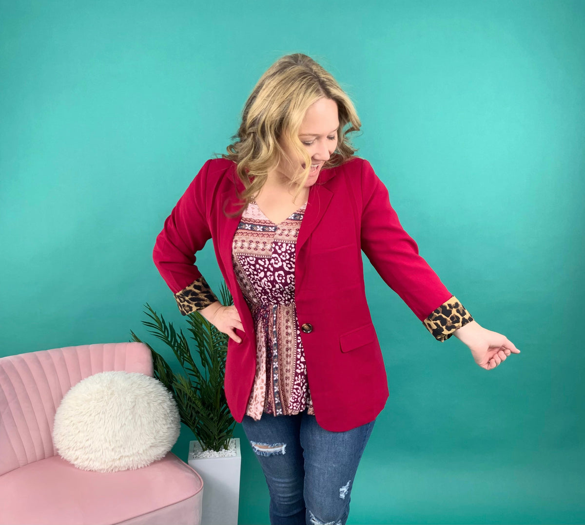 Jazz Is In The Details Blazer In Ruby - KaraMarie
