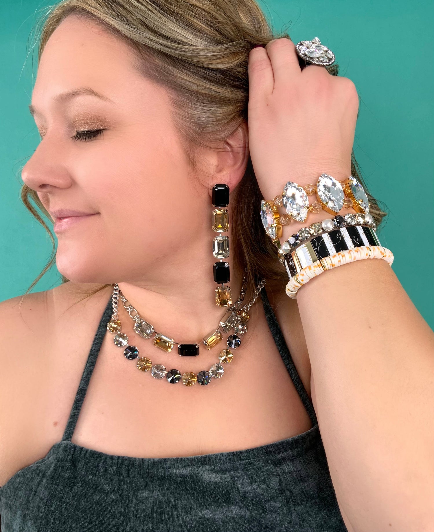 Rectangle Statement Earrings in Jet/Golden Shadow/Silver Shade