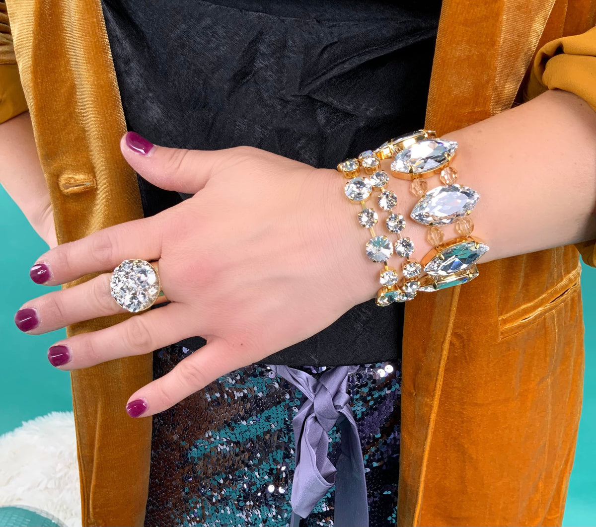 Statement Navette Bracelet in Crystal/Gold - KaraMarie