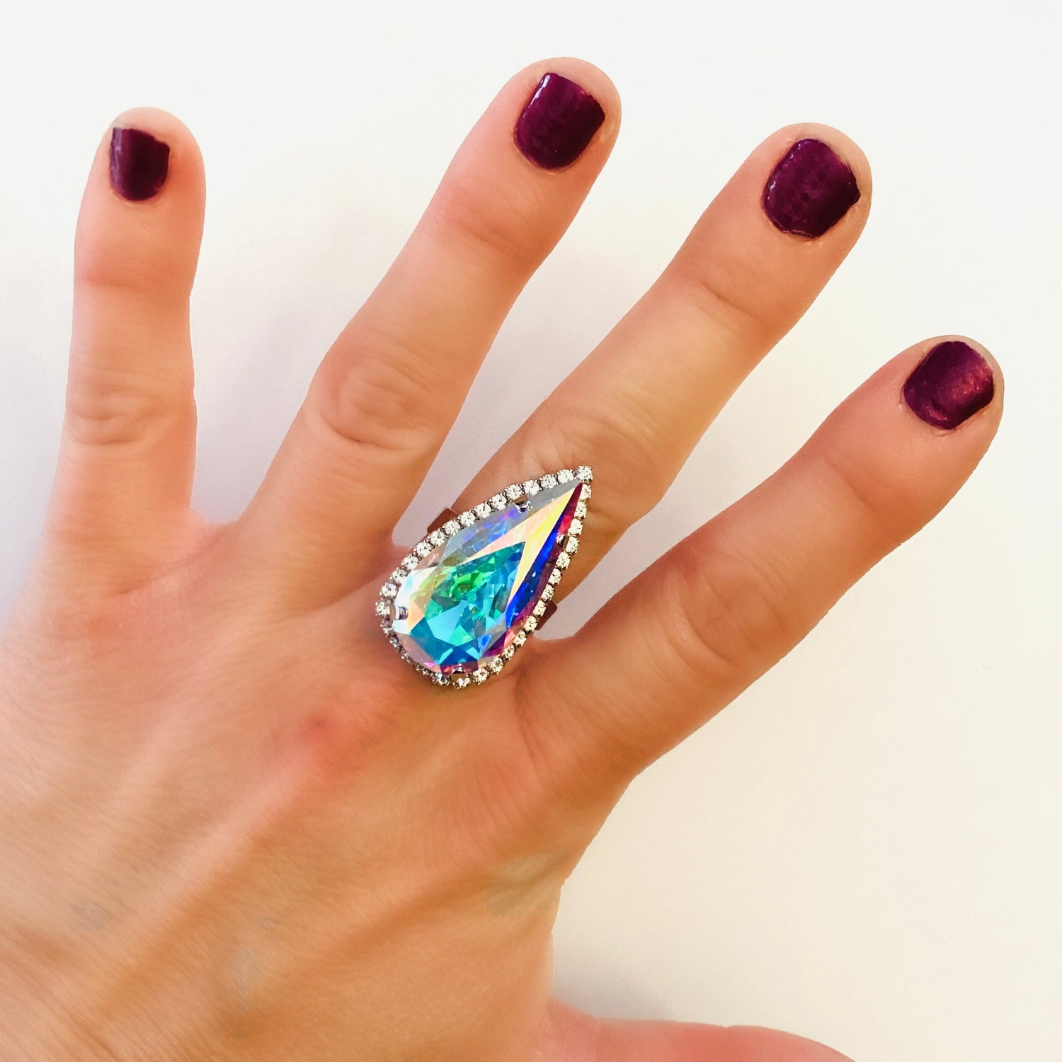 Long Daisy Teardrop Ring in Crystal AB