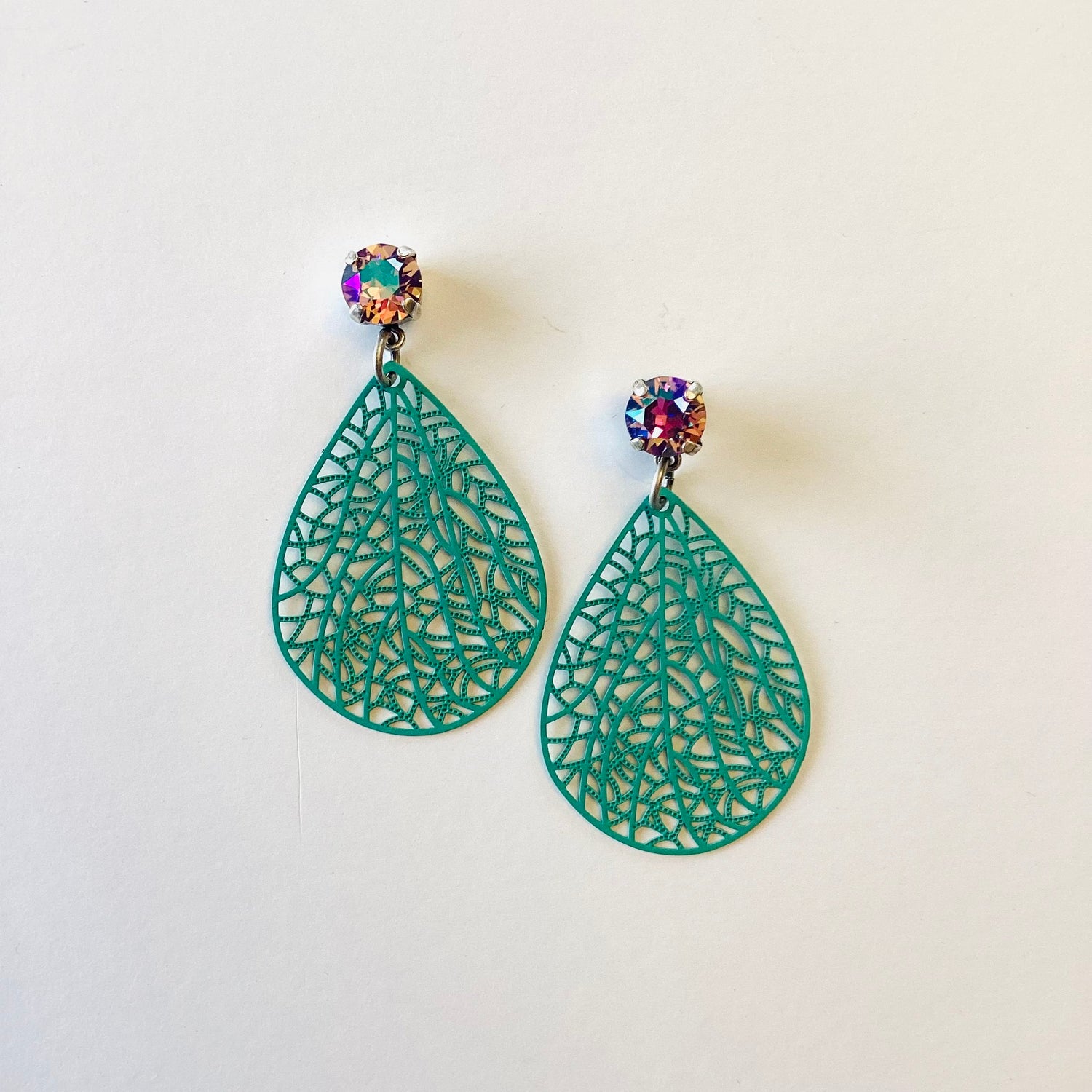 Teal Teardrop Filigree Earrings featuring Light Amethyst AB