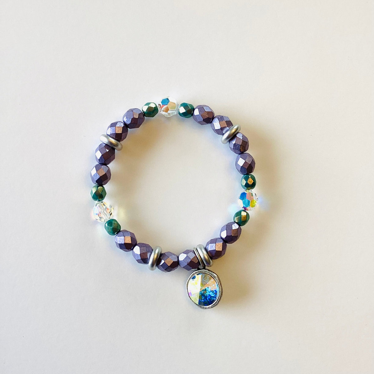 Matte Purple + Crystal AB Stretch Bracelet with AB Charm - KaraMarie