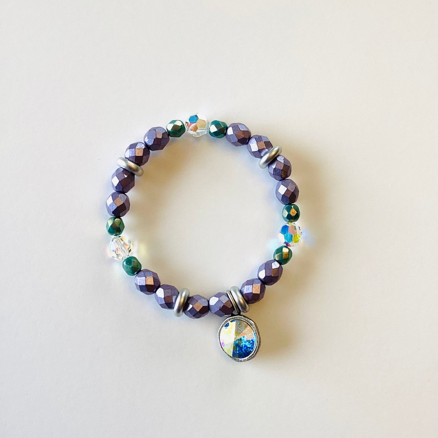Matte Purple + Crystal AB Stretch Bracelet with AB Charm - KaraMarie