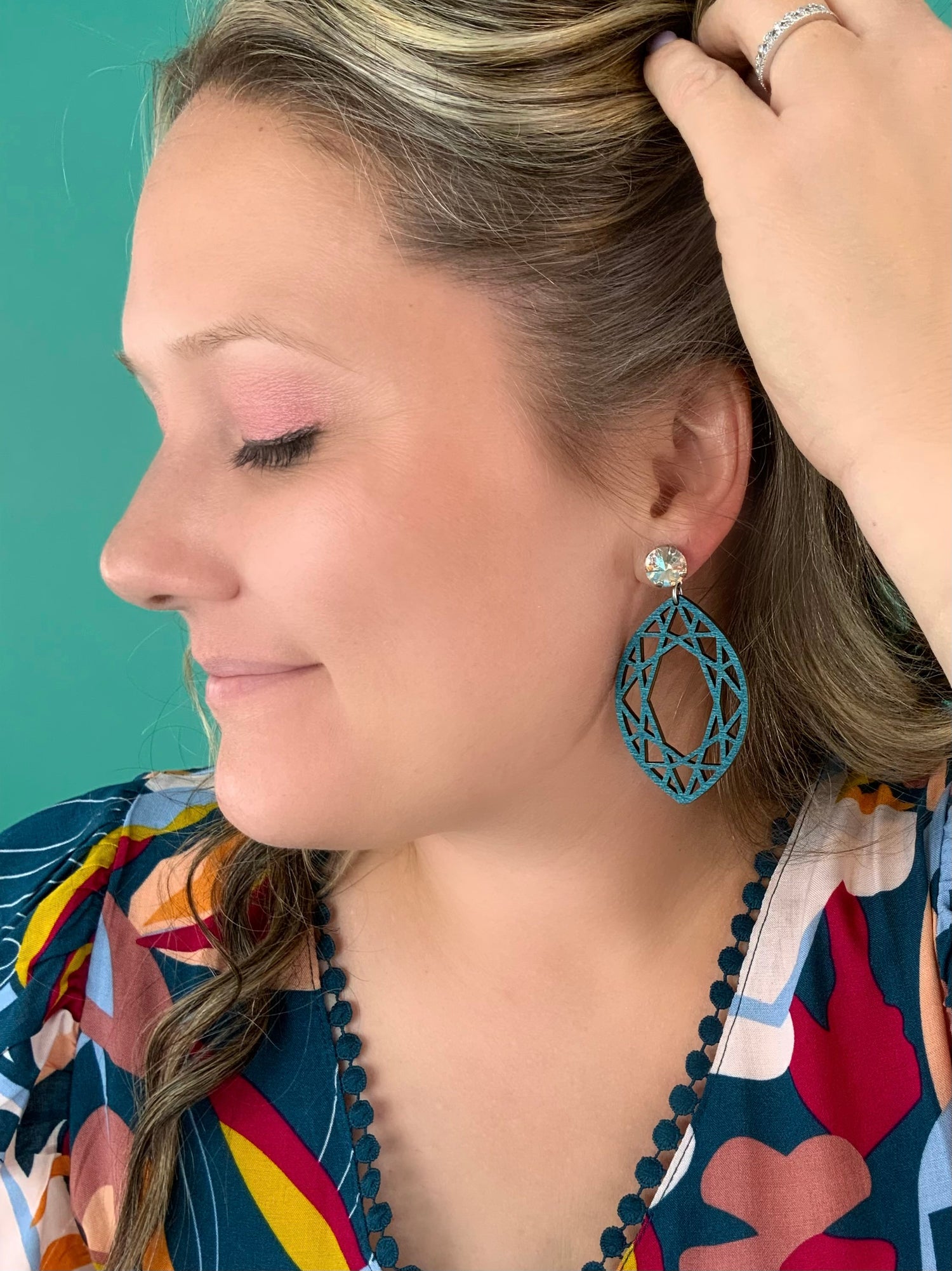 Crystal Shimmer Teal Wood Earrings