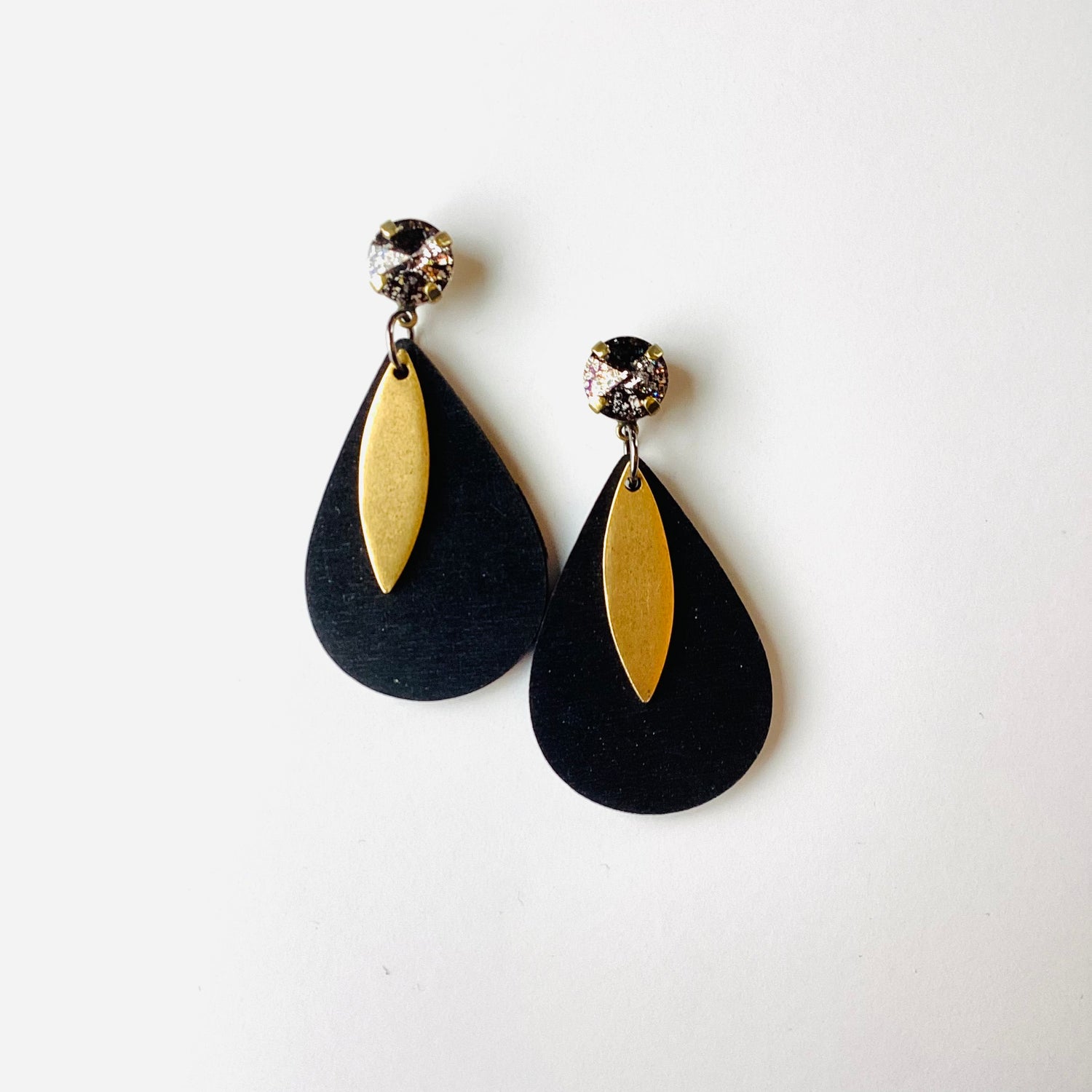 Black + Gold Wood Charm Earrings