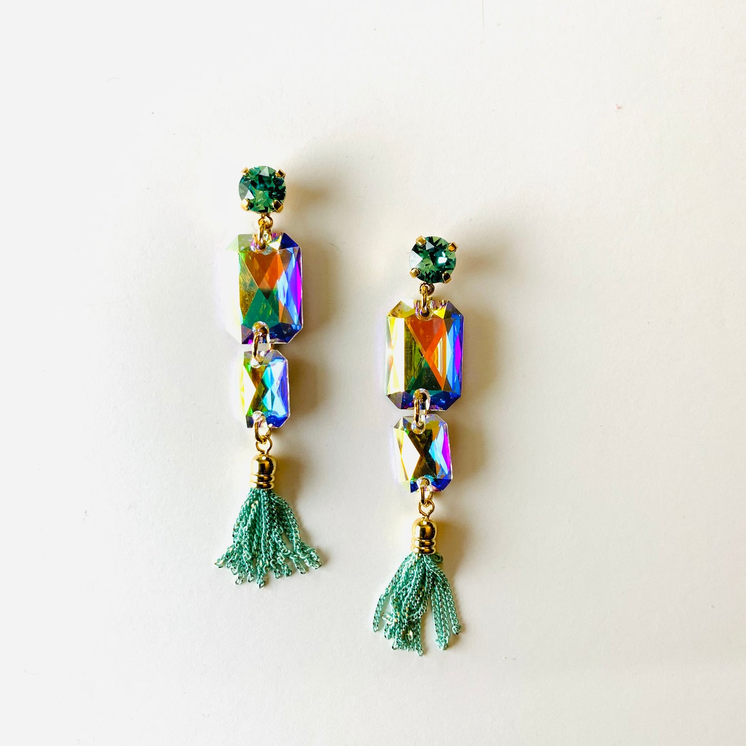 Mint Rainbow Tassel Earrings