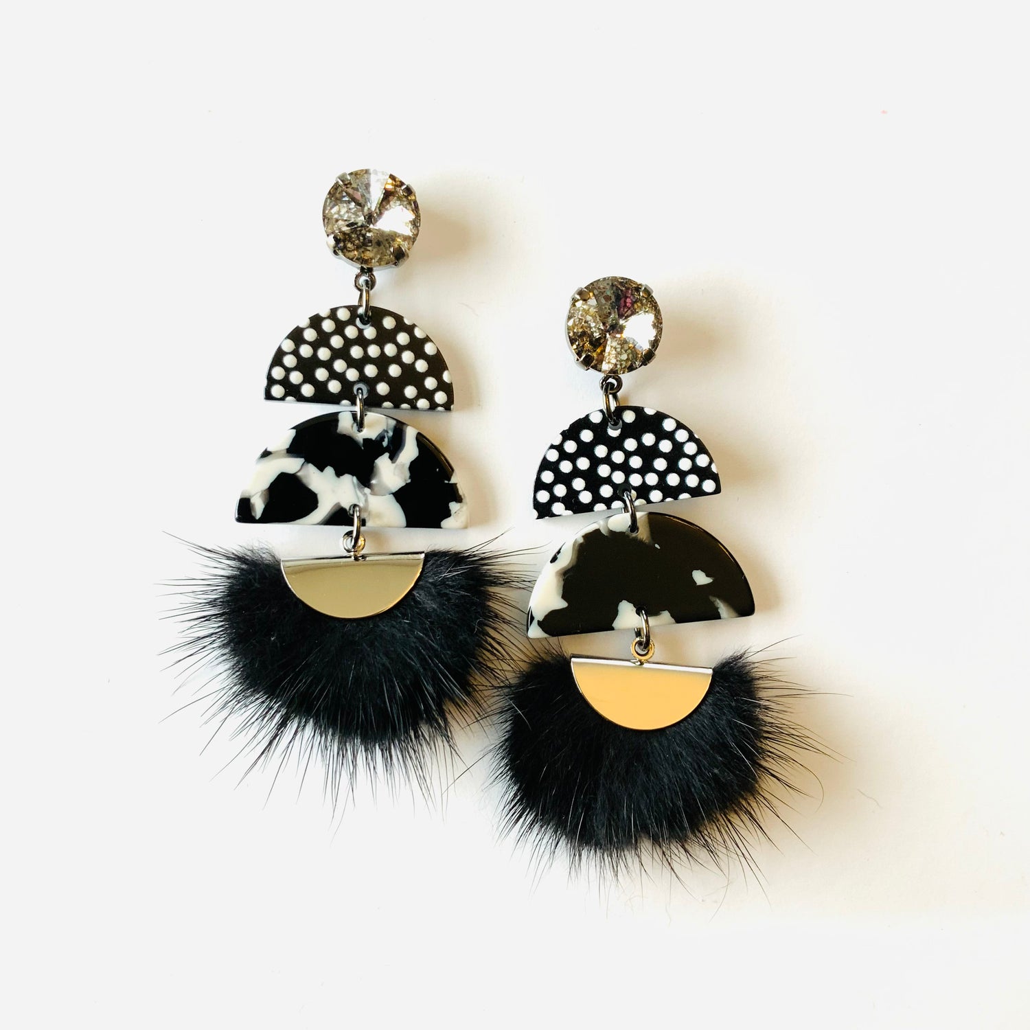 Black + White Polka Dot Faux Fur Earrings - KaraMarie