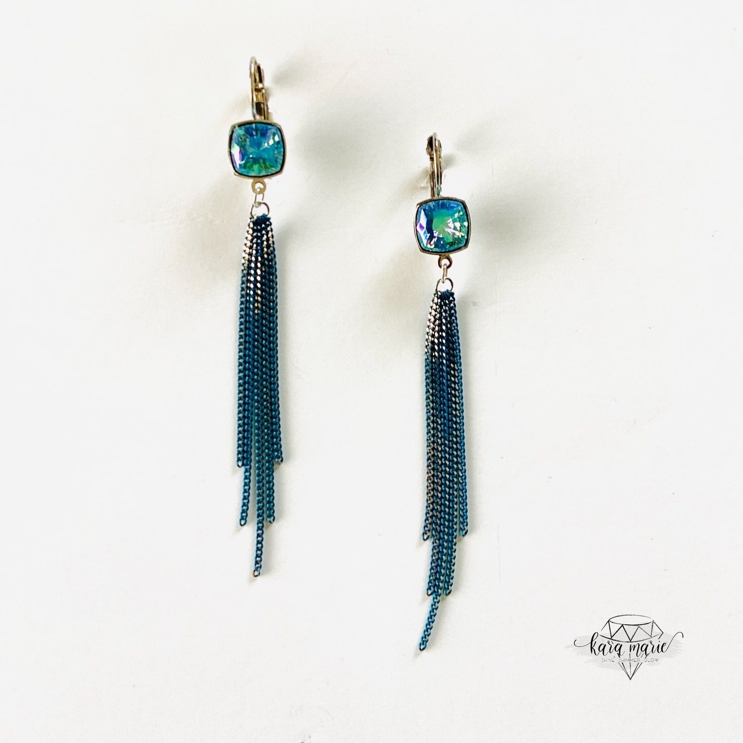 Mystic Square Chain Fringe Earring in Aqua Glacier Blue