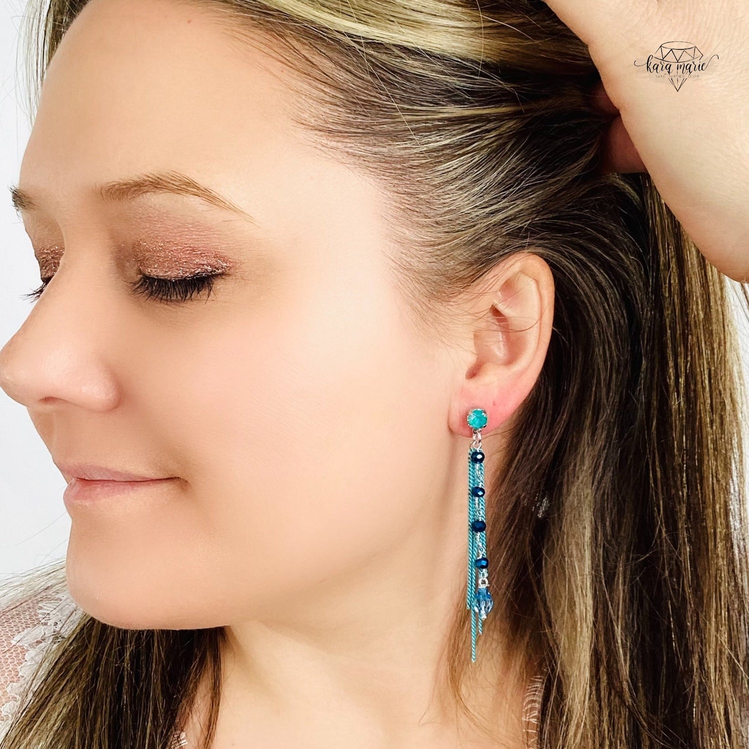 Titanium Pyrite Chain Fringe Earring in Blue Hues - KaraMarie