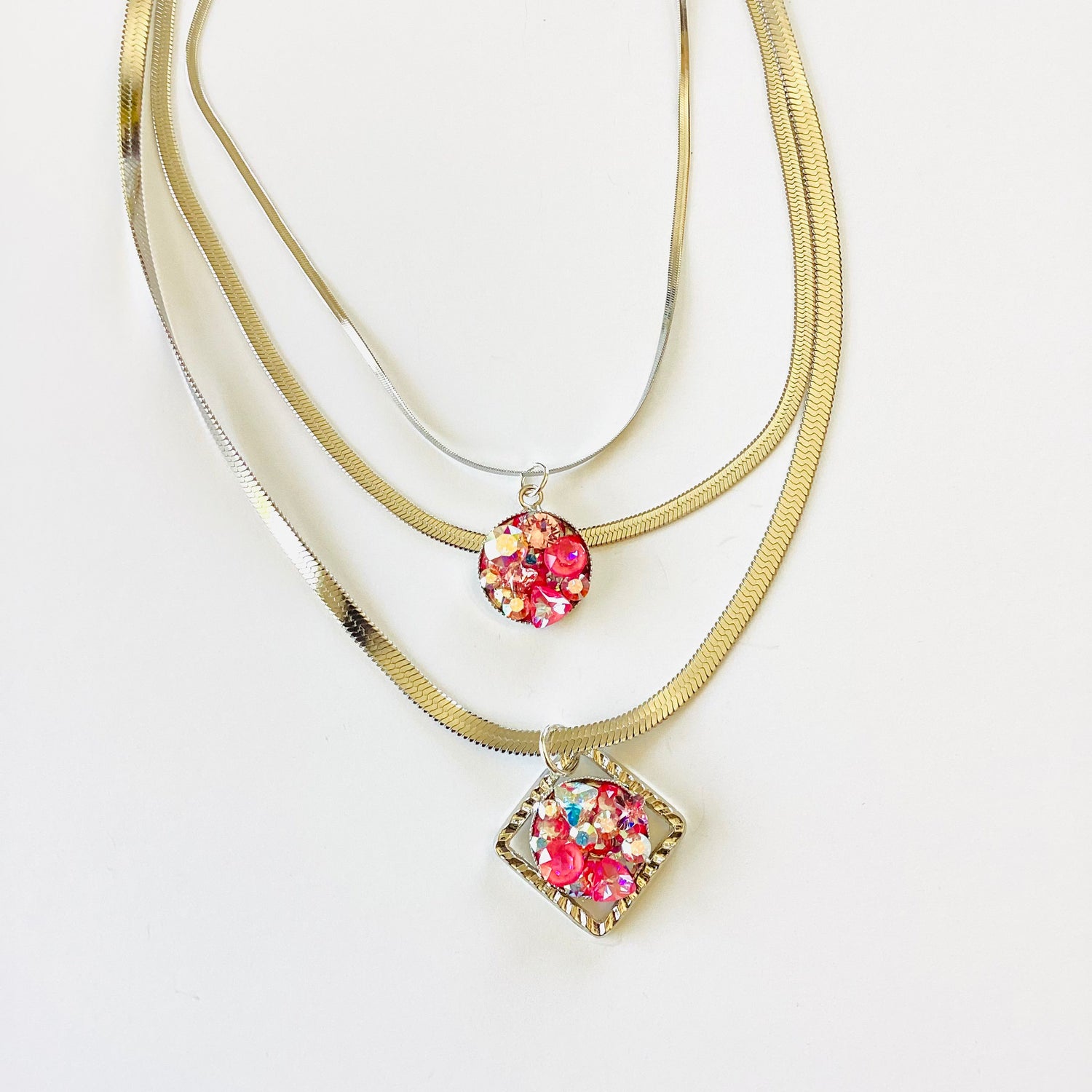 Triple Strand Treasure Chest Medallion Necklace in Ultra Pink Hues