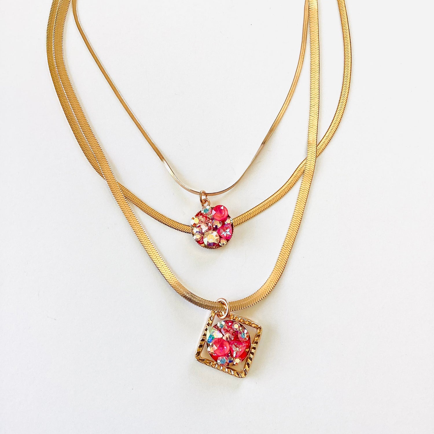 Triple Strand Treasure Chest Medallion Necklace in Ultra Pink Hues