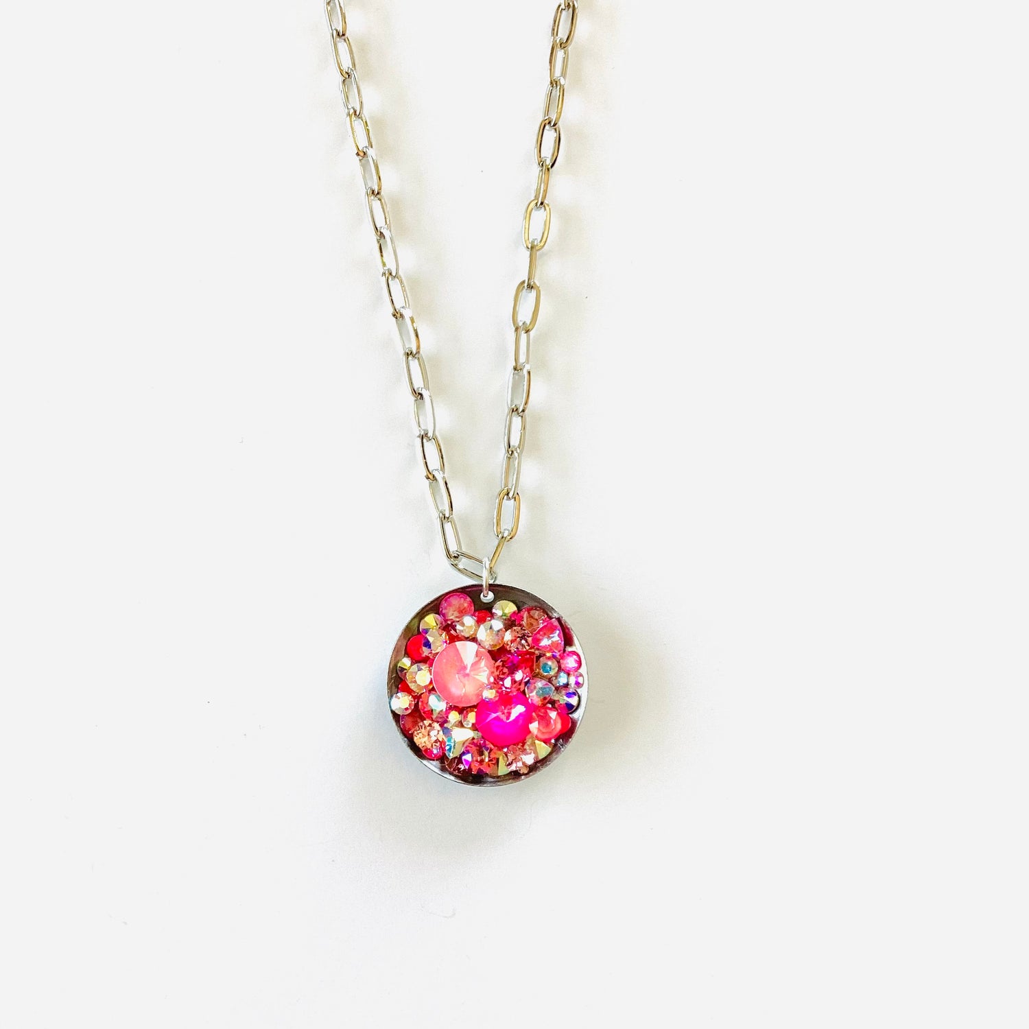 Large Treasure Chest Round Pendant Long Necklace in Ultra Pink Hues