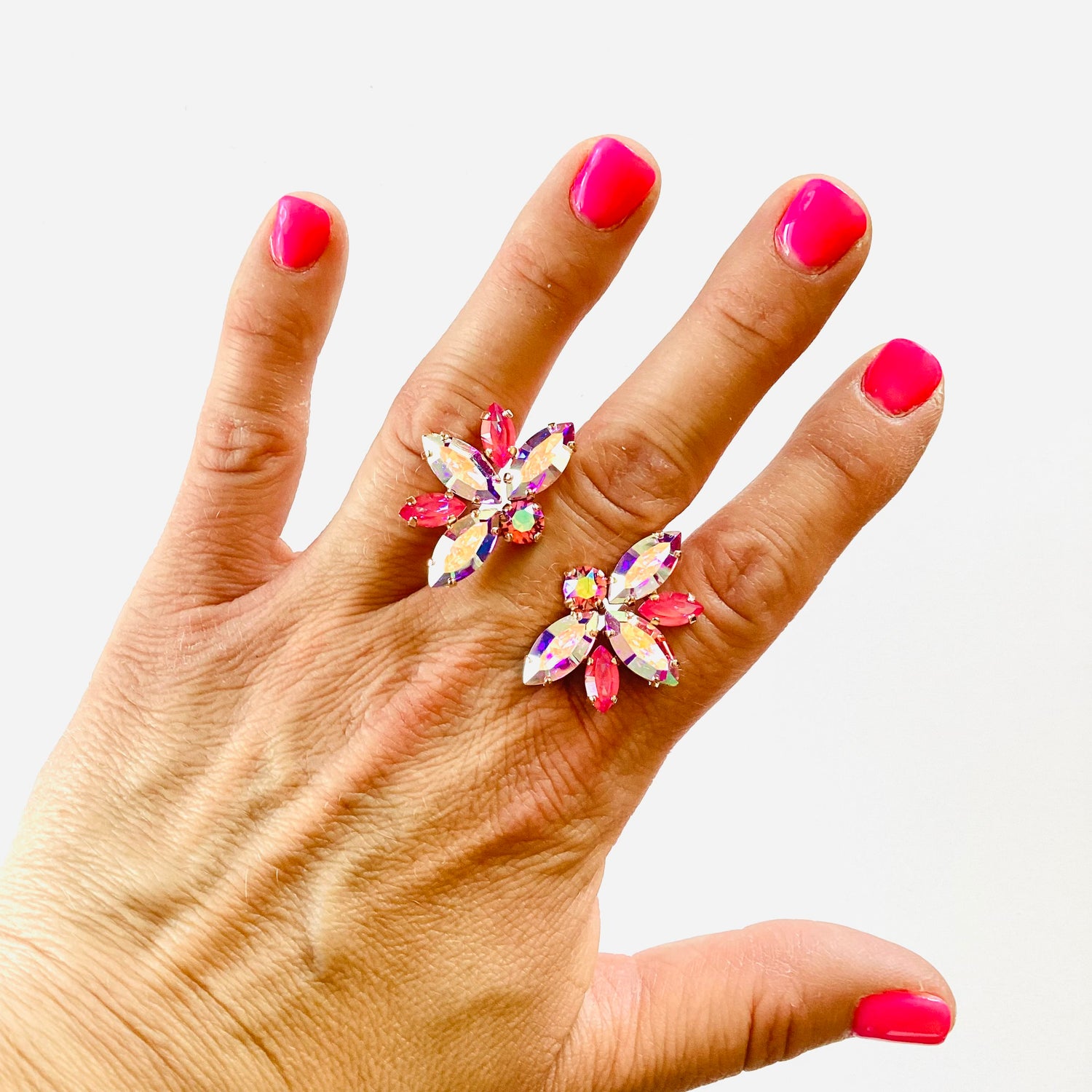 Open Top Statement Leaf Ring in Pink + Crystal AB {Rose Gold + Silver Metal} - KaraMarie