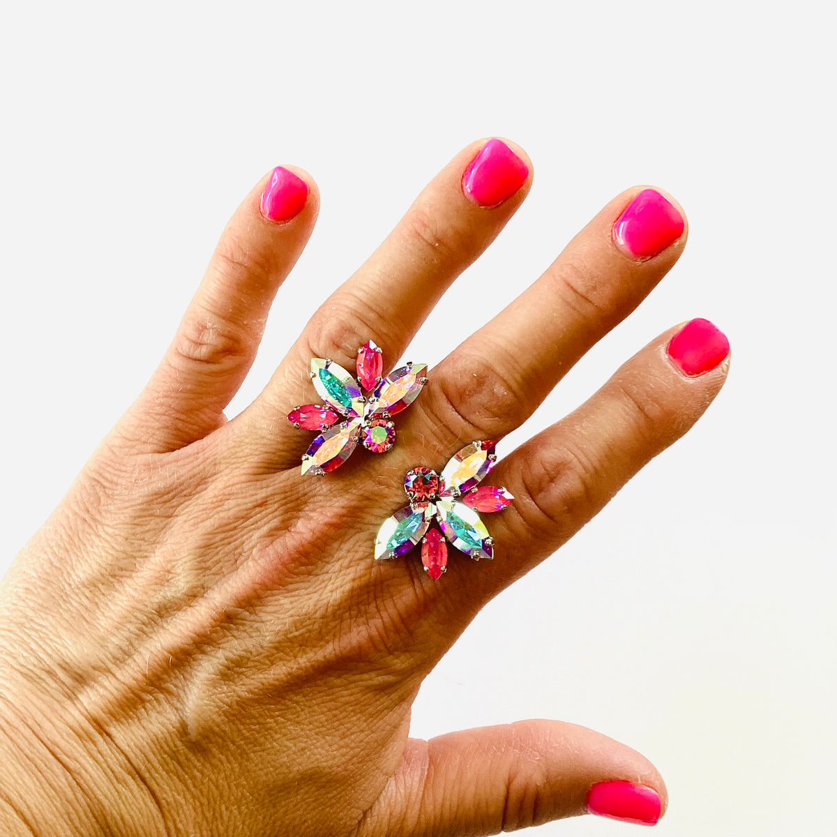 Open Top Statement Leaf Ring in Pink + Crystal AB {Rose Gold + Silver Metal} - KaraMarie