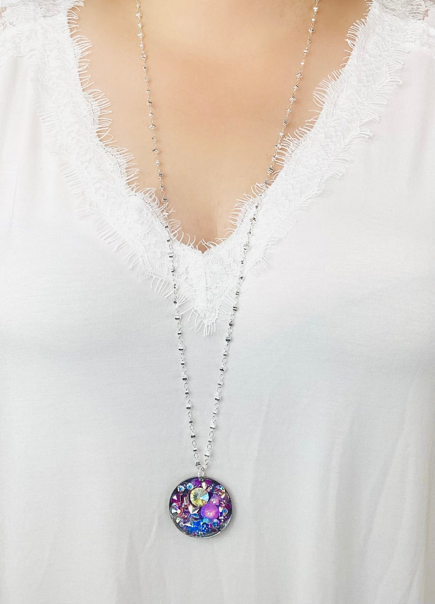 Large Treasure Chest Round Pendant Long Necklace in Purple Hues