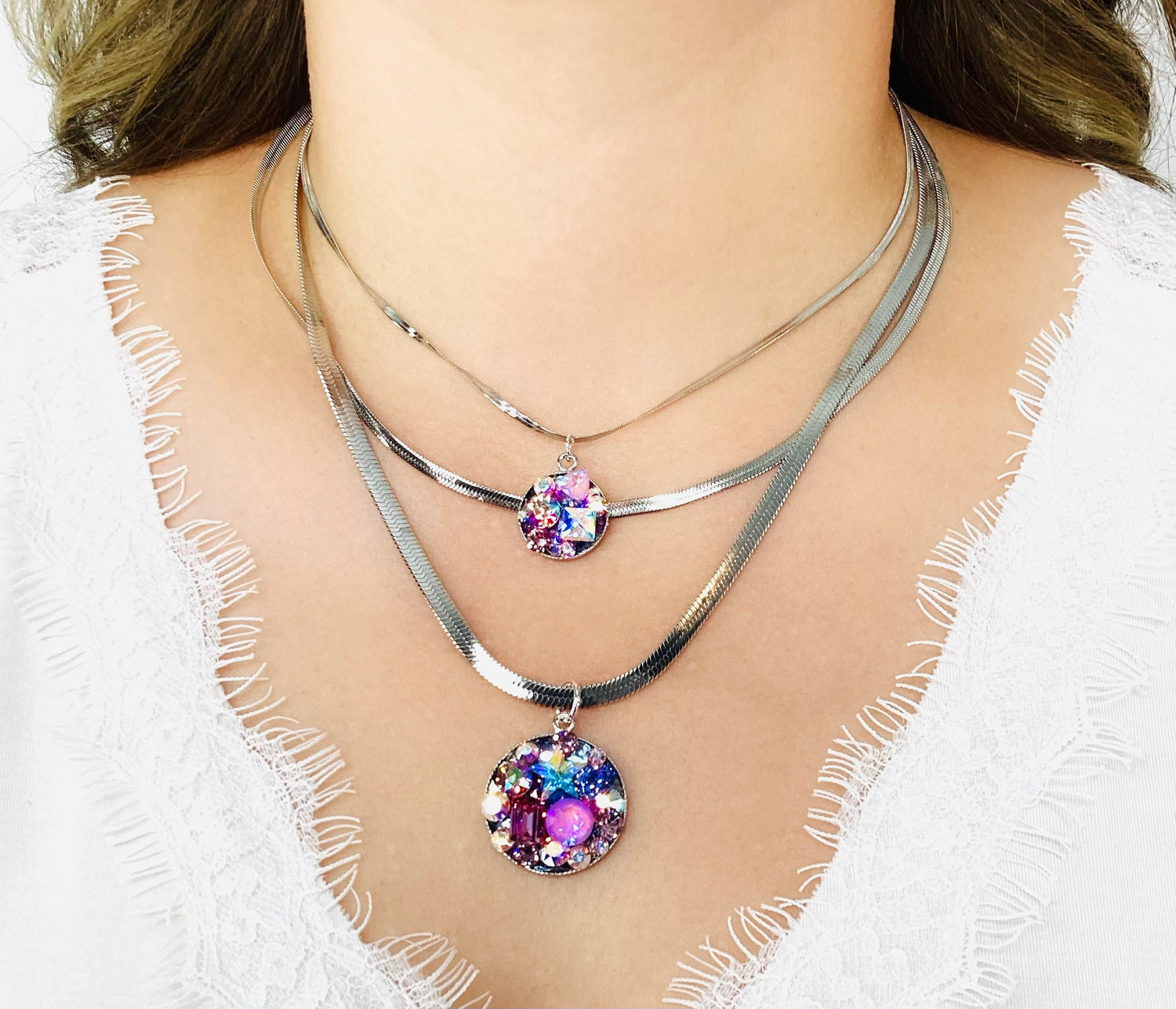 Triple Strand Treasure Chest Medallion Necklace in Purple Hues