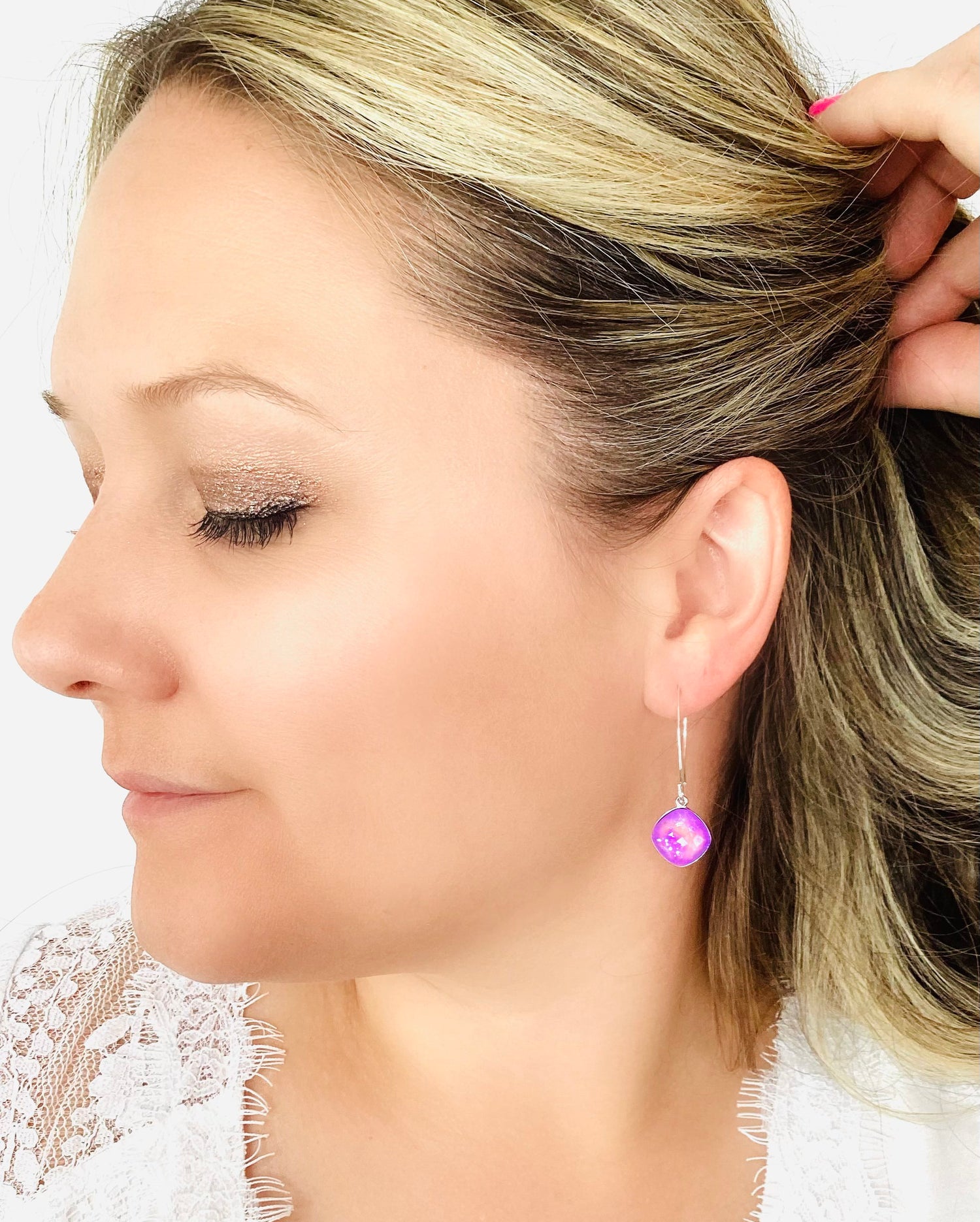 12mm Square Cushion Drop Earring in Unicorn