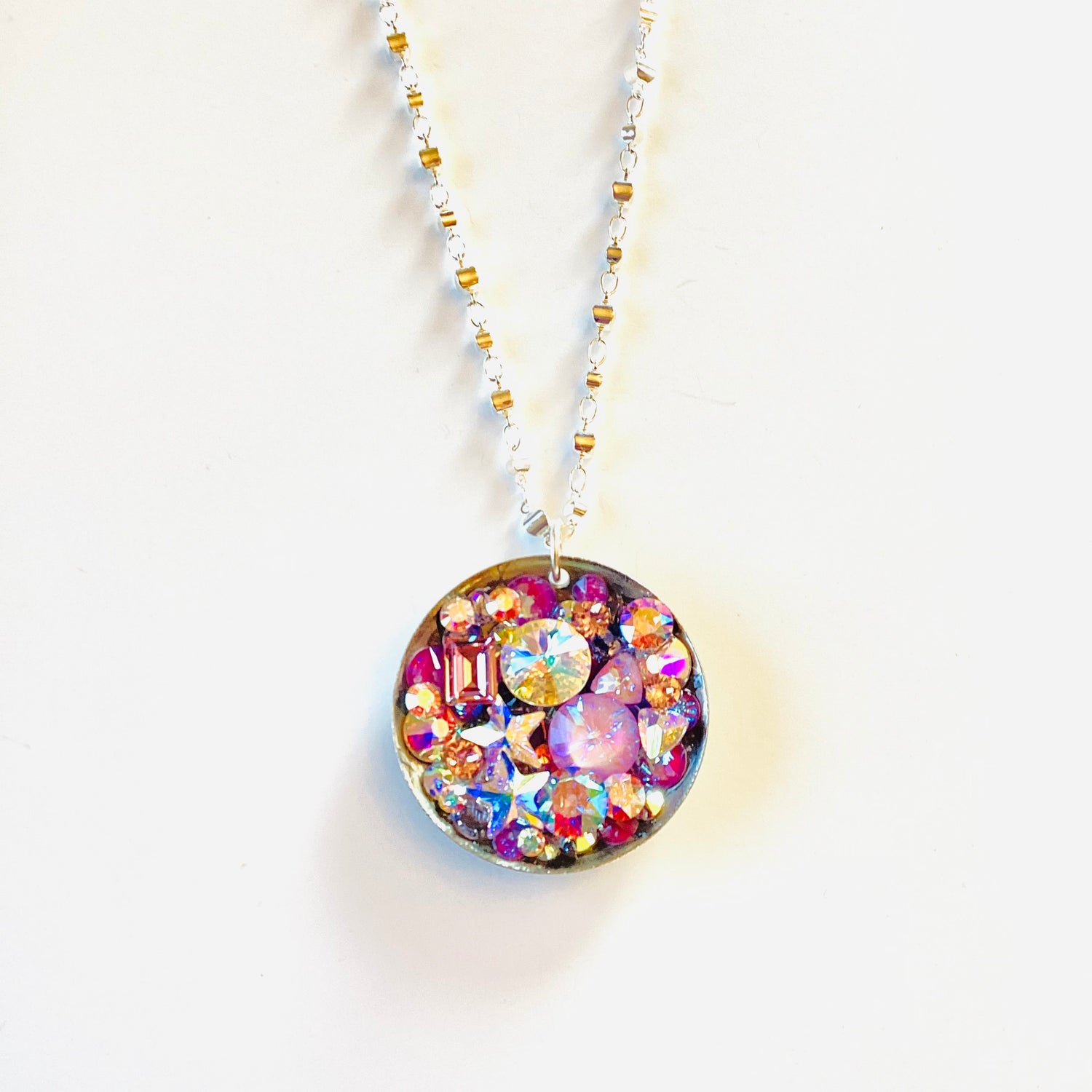 Large Treasure Chest Round Pendant Long Necklace in Purple Hues