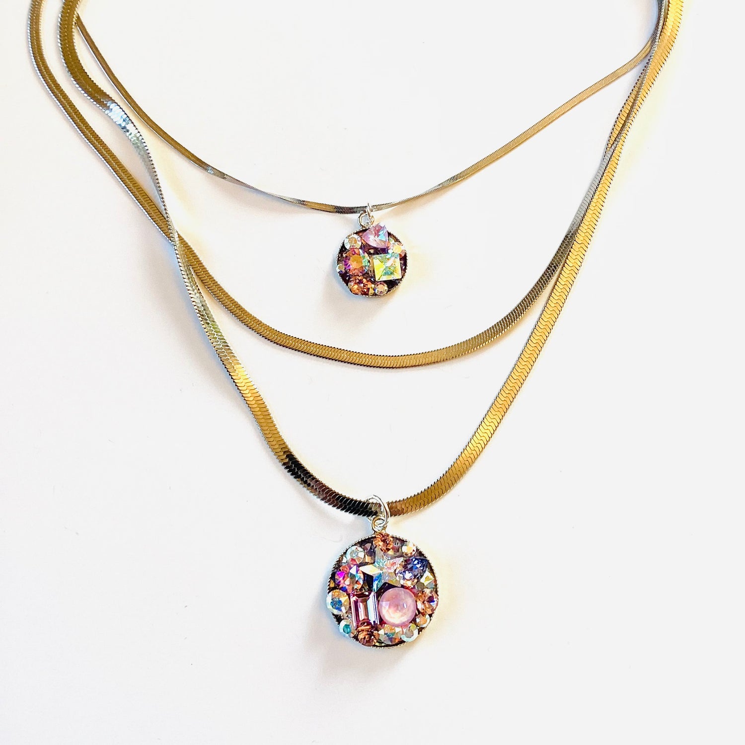 Triple Strand Treasure Chest Medallion Necklace in Purple Hues