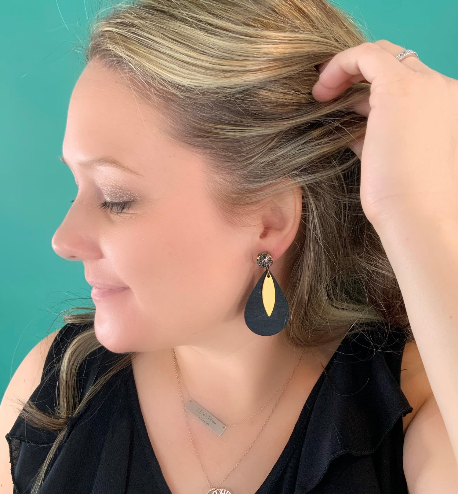 Black + Gold Wood Charm Earrings