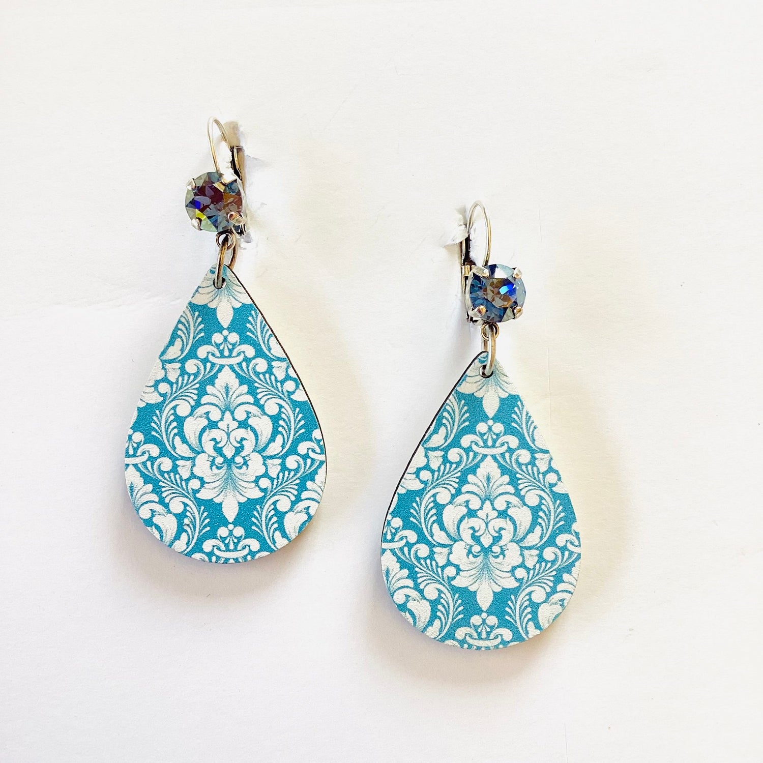 Blue Paisly Wood Earrings in Sapphire Champagne