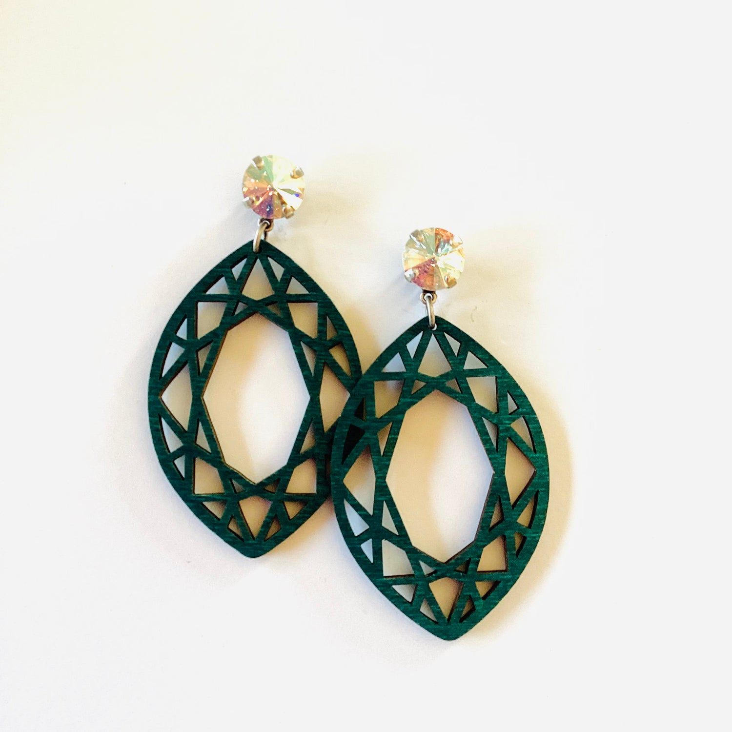 Crystal Shimmer Teal Wood Earrings