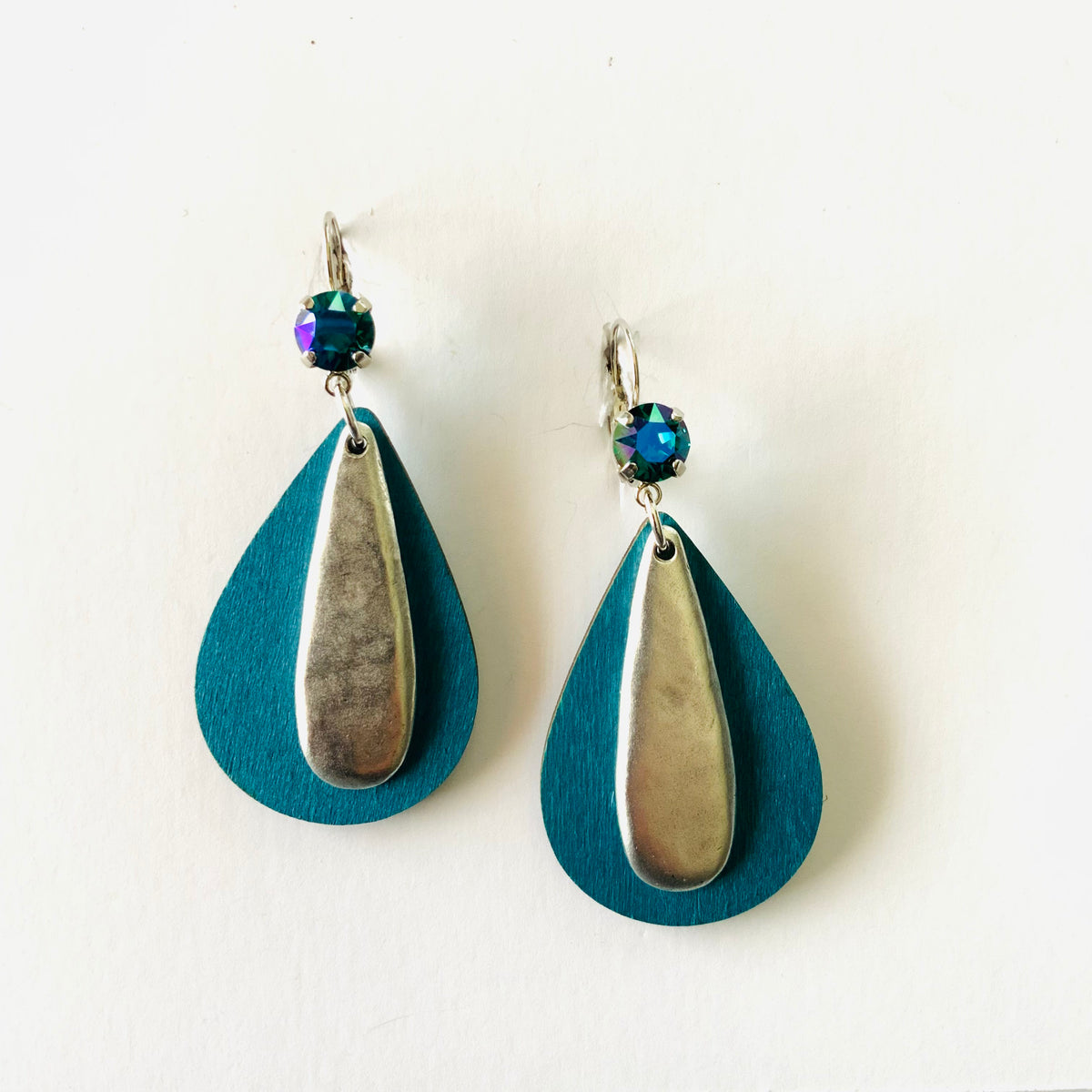 Wood Stamped Metal Pendant Earrings featuring Emerald Glacier Blue - KaraMarie