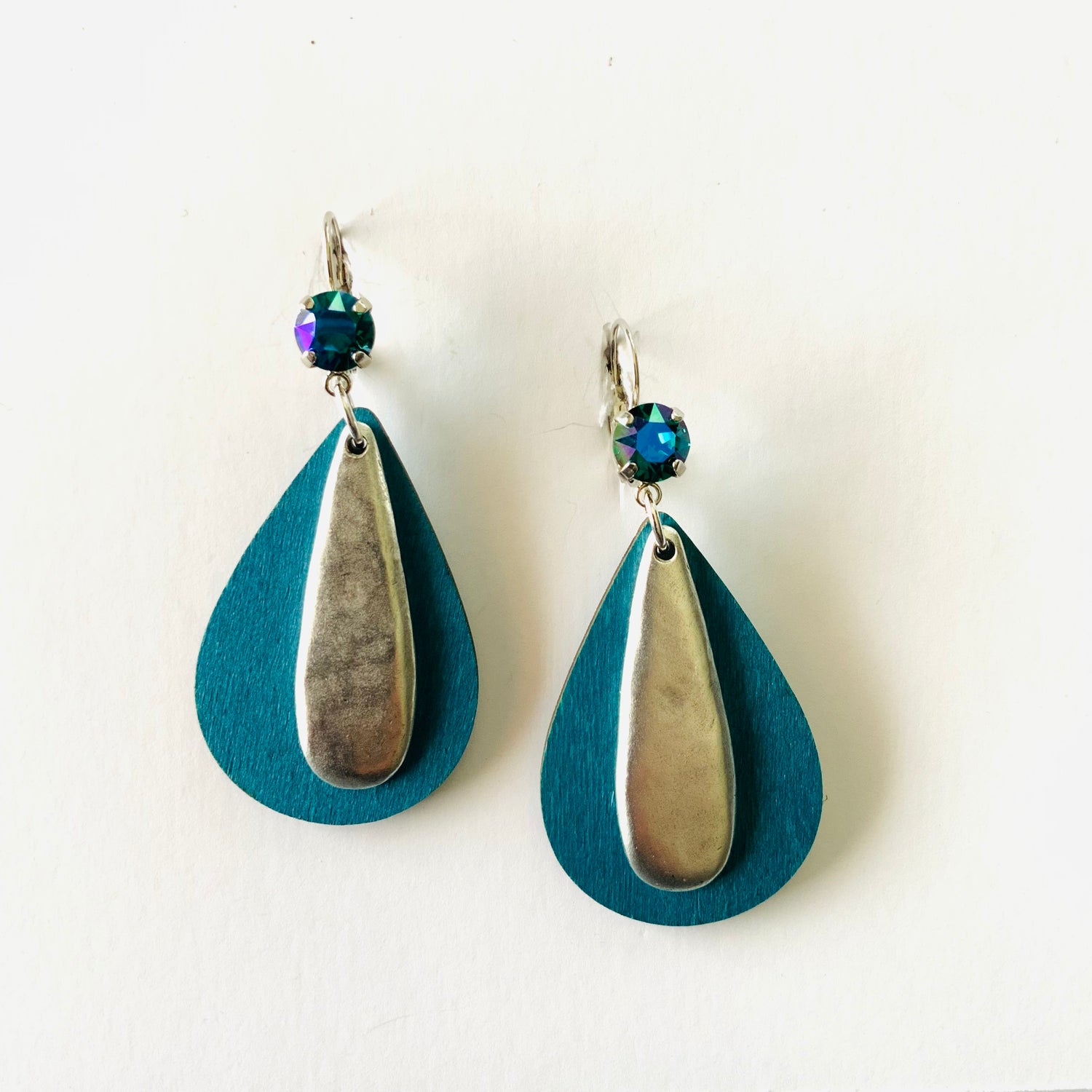 Wood Stamped Metal Pendant Earrings featuring Emerald Glacier Blue - KaraMarie
