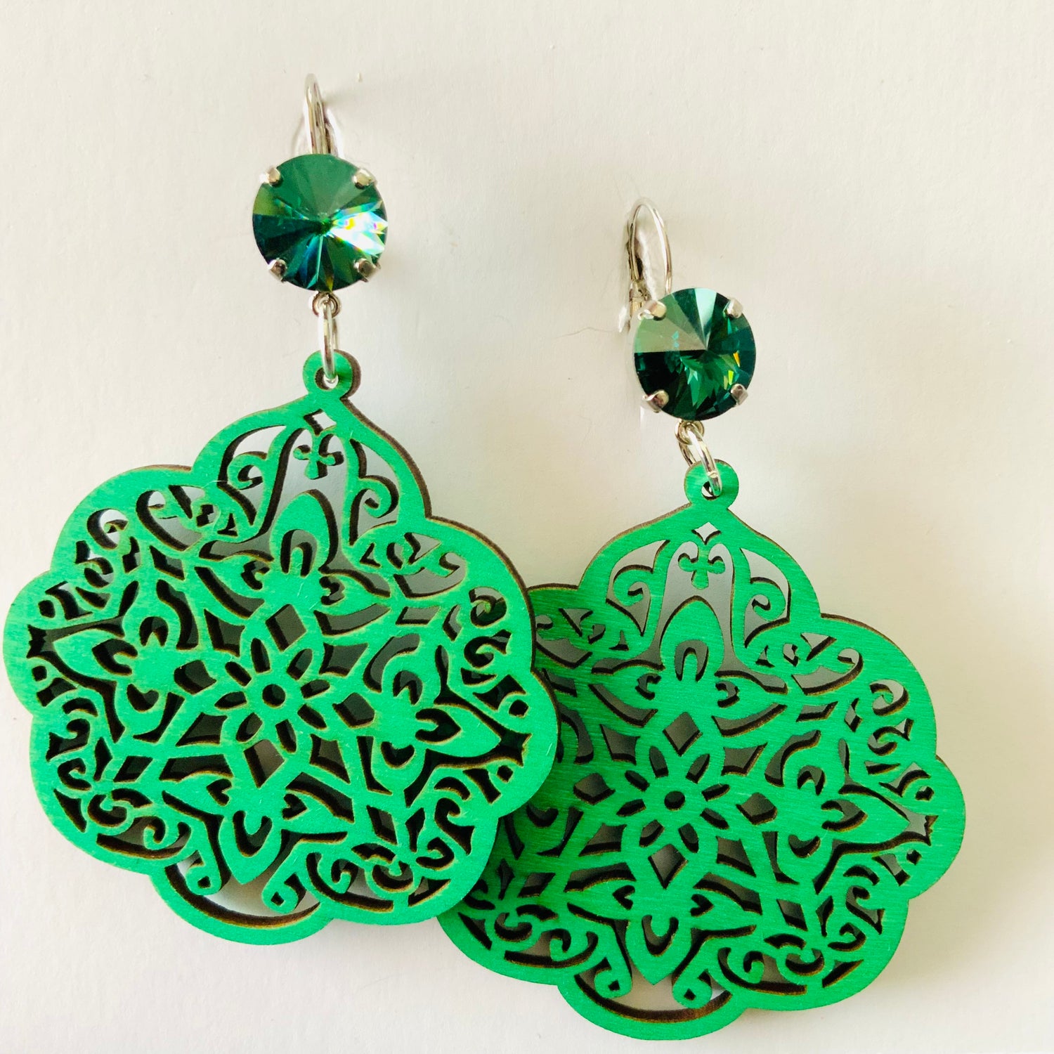 Boho Mandala Wood Earrings in Green - KaraMarie